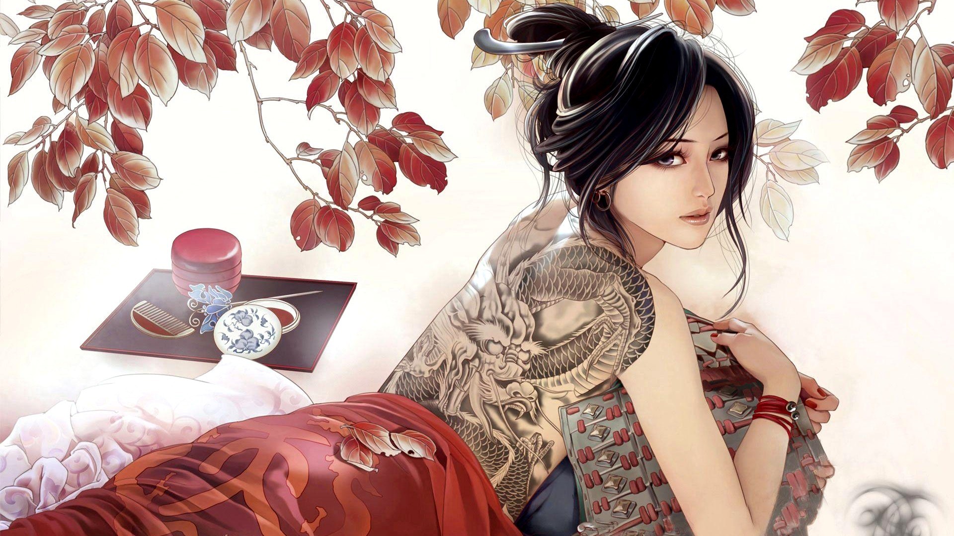 Anime girl with dragon tattoo and Japanese accessories HD Wallpaper