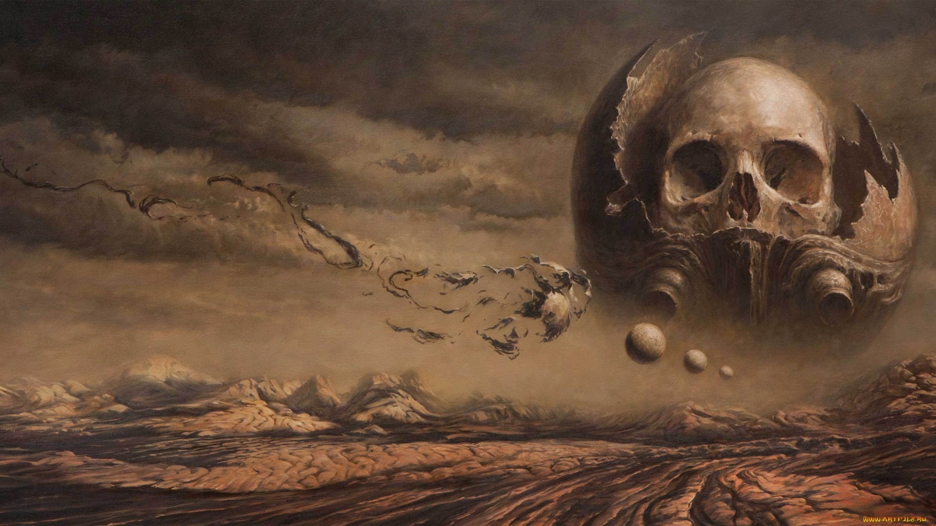 Surreal skull artwork with desolate landscape HD Wallpaper