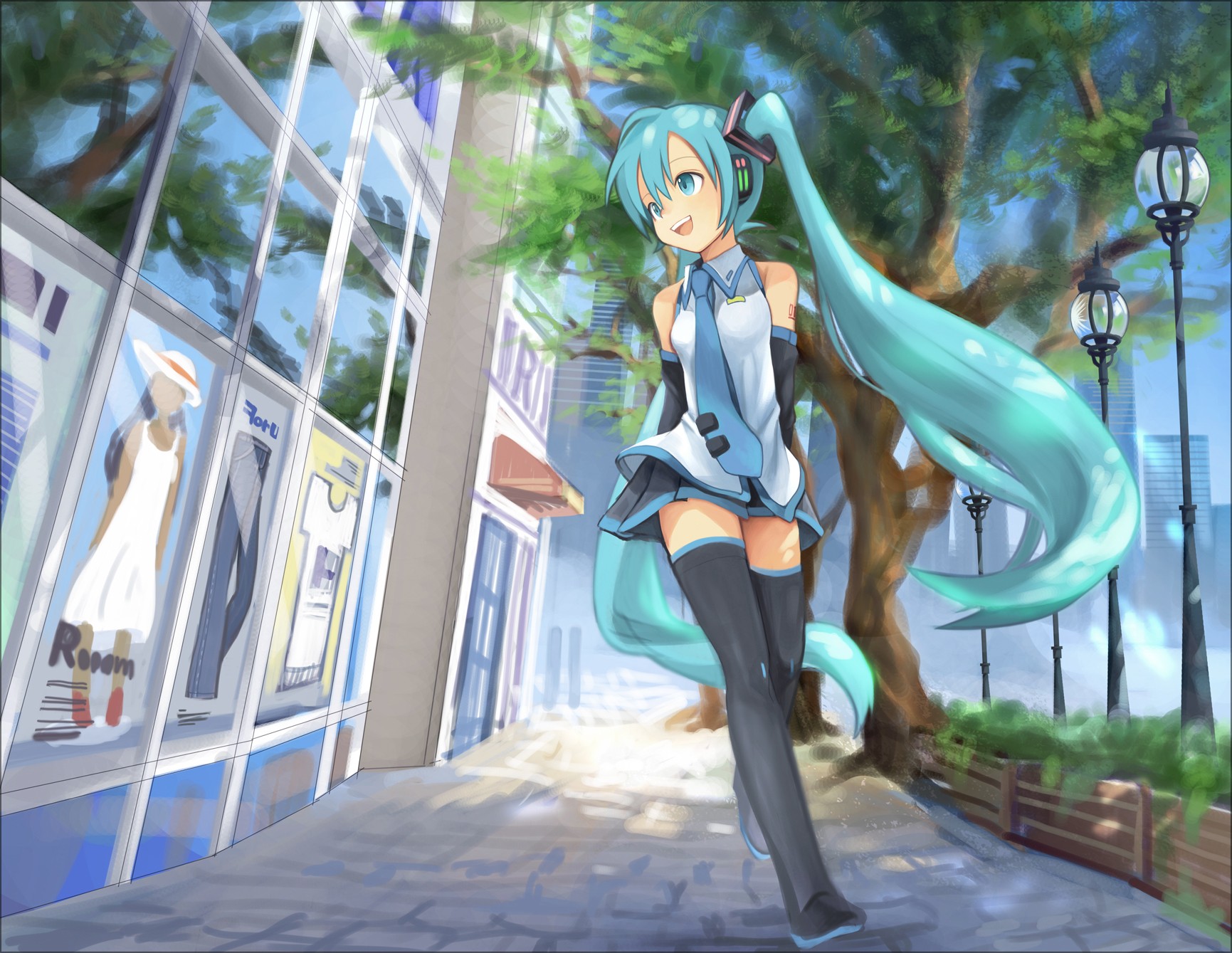 Hatsune Miku walking on a city street HD Wallpaper