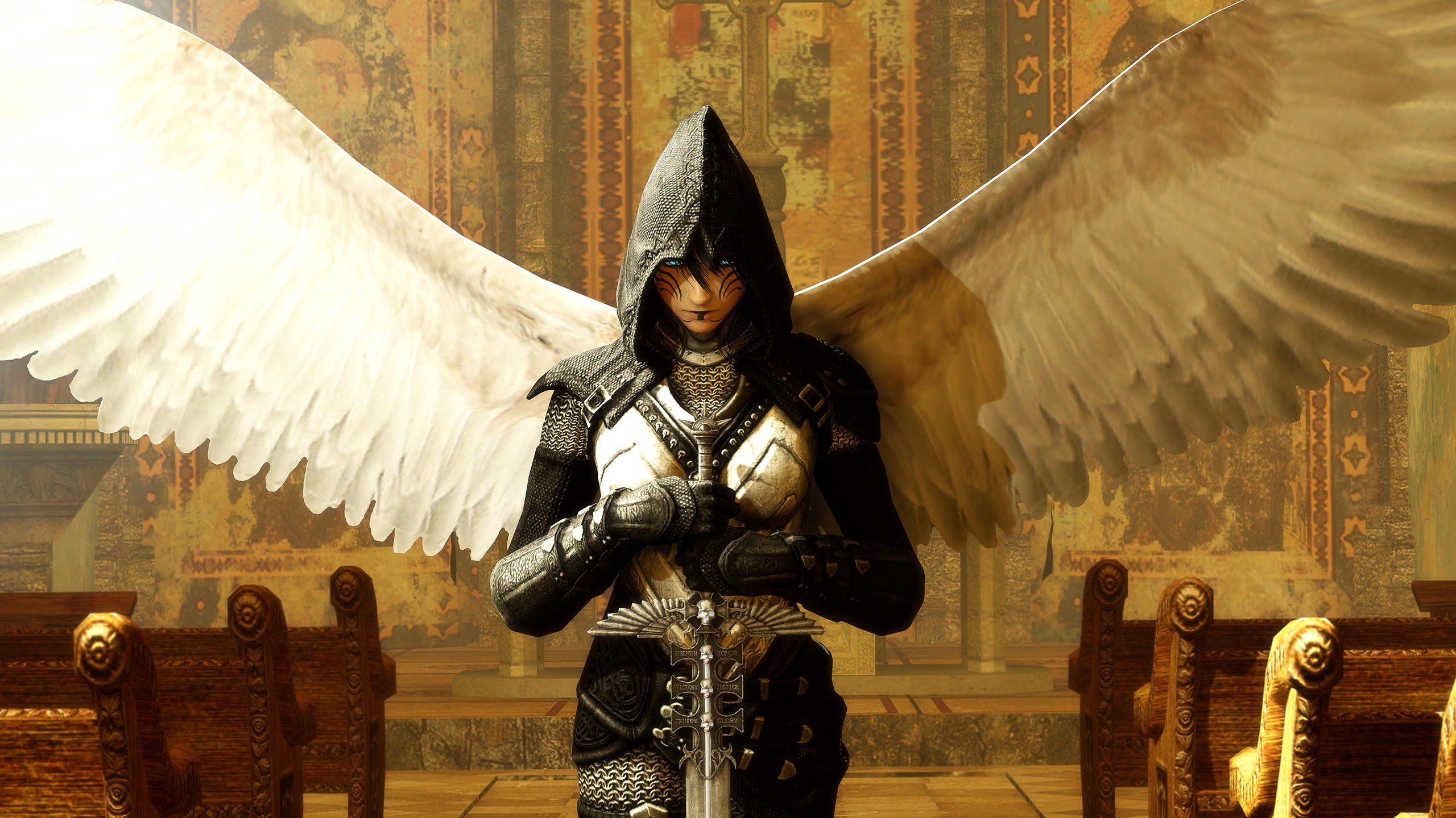 Fantasy angel warrior with sword in church HD Wallpaper