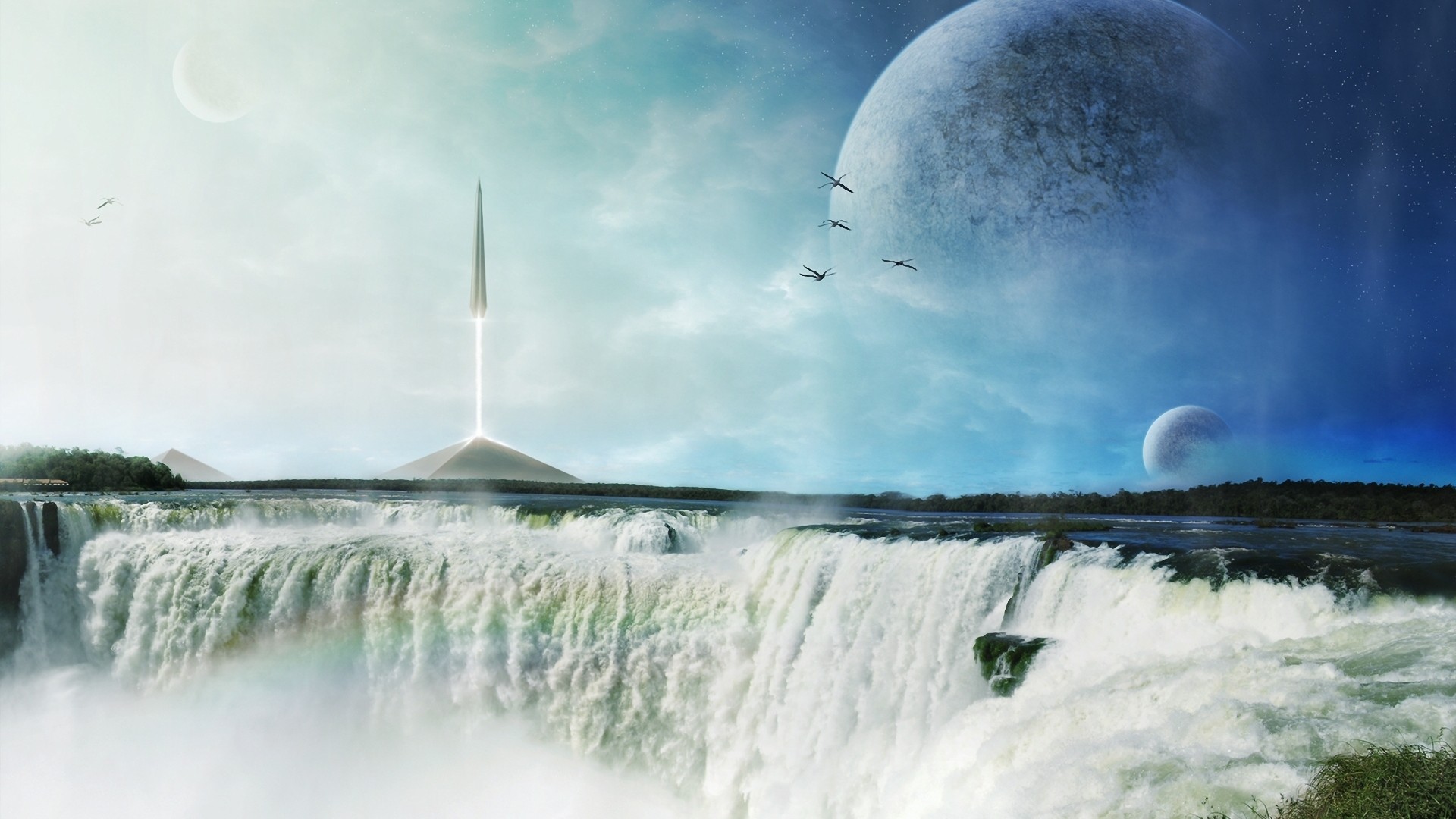 Alien planet with waterfalls and a futuristic tower HD Wallpaper