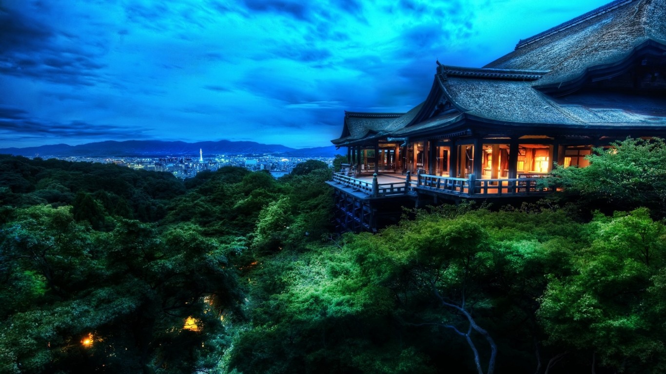 Japanese temple overlooking a city at dusk HD Wallpaper
