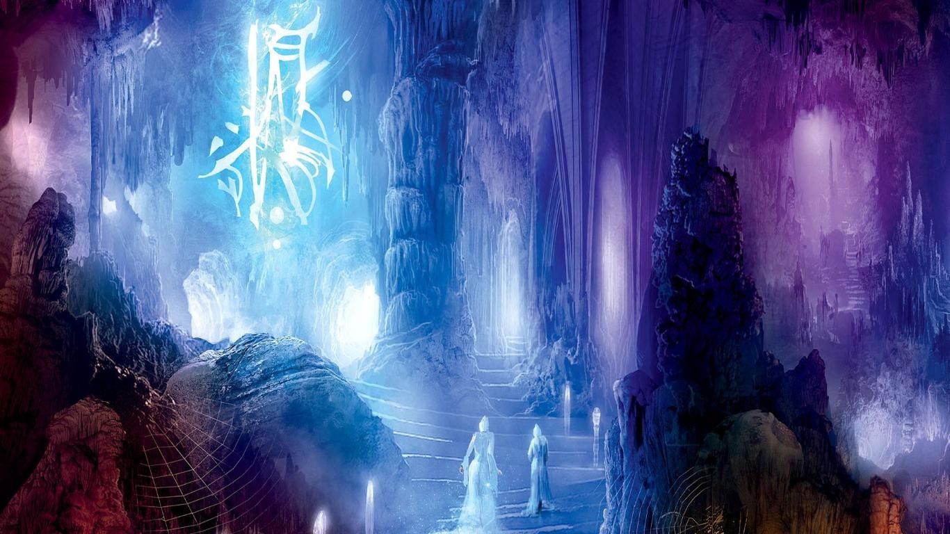 Fantasy cave with glowing symbols and figures HD Wallpaper