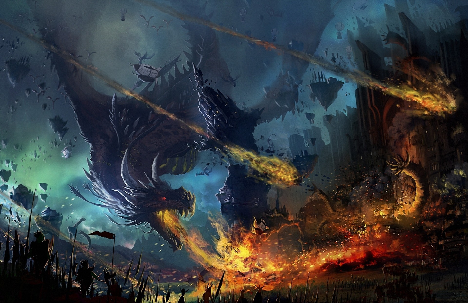 Dragons attacking a fantasy city with fireballs HD Wallpaper