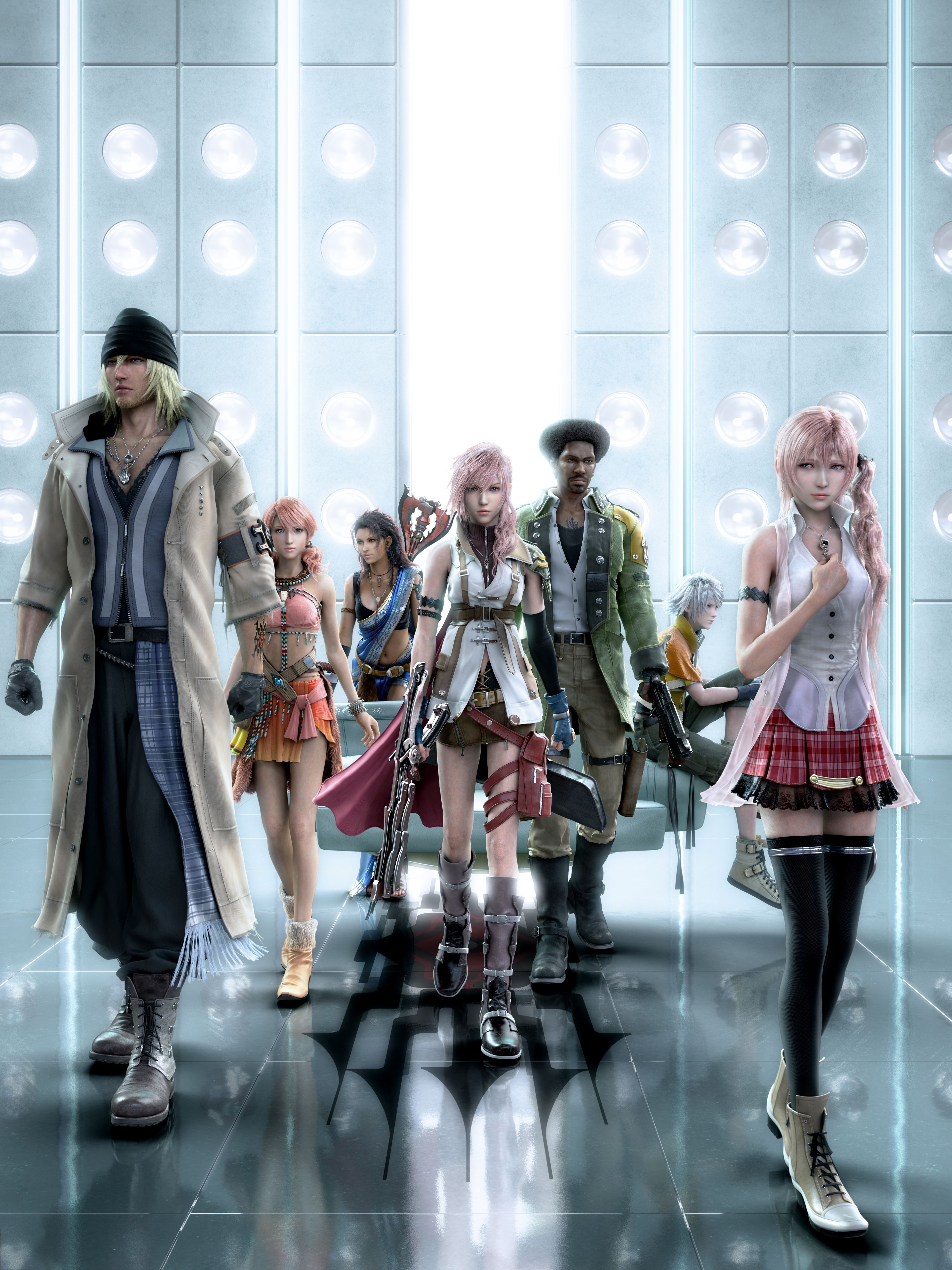 Final Fantasy XIII characters in a futuristic hallway HD Wallpaper