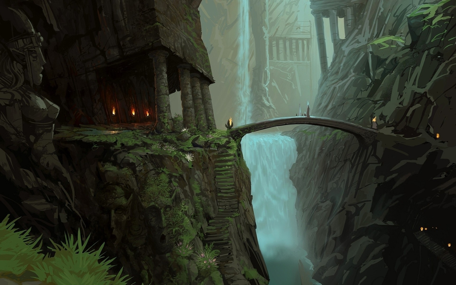 Fantasy art of a canyon with a waterfall and bridge HD Wallpaper