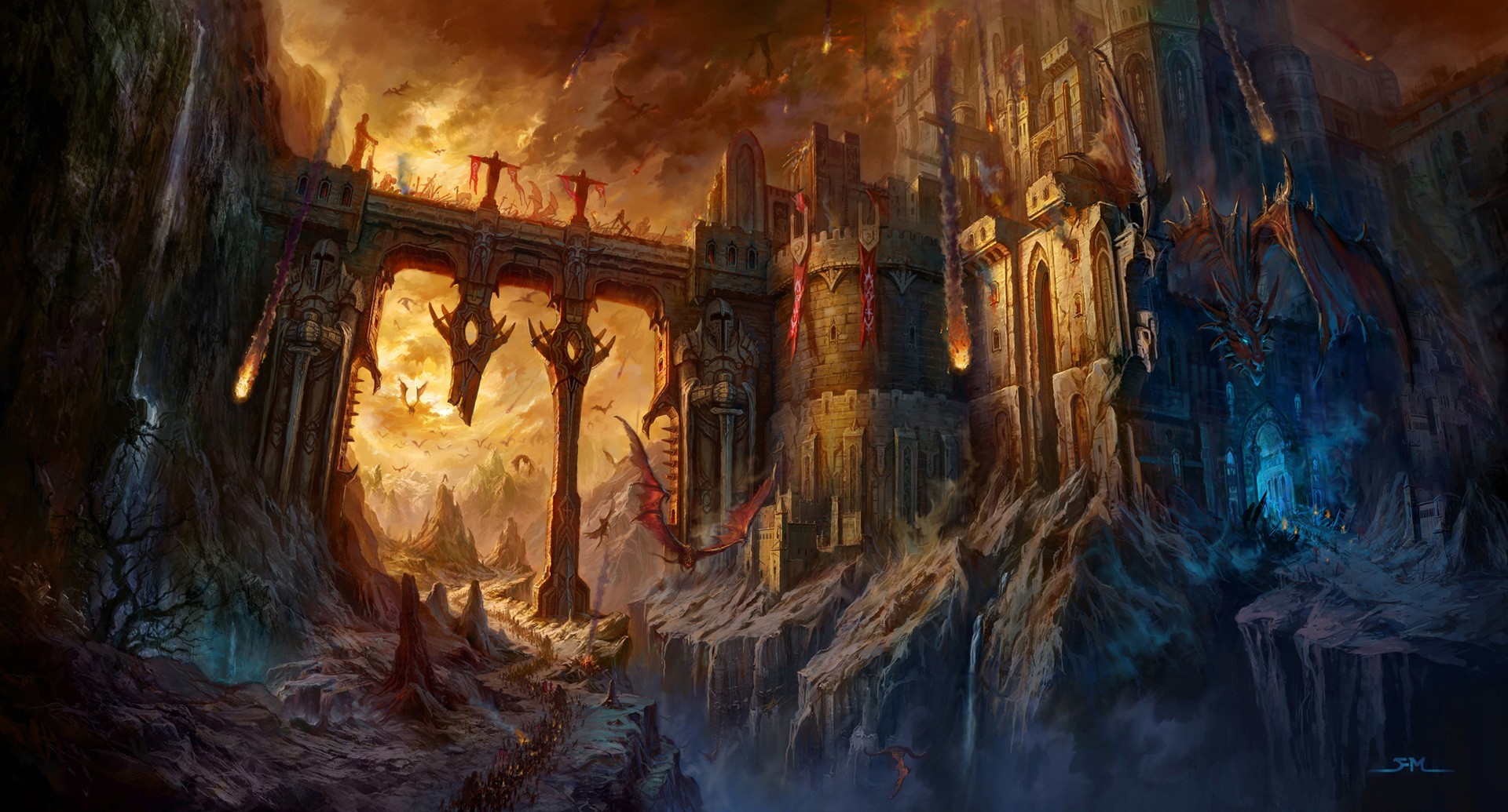 Fantasy art of a dragon attacking a castle HD Wallpaper