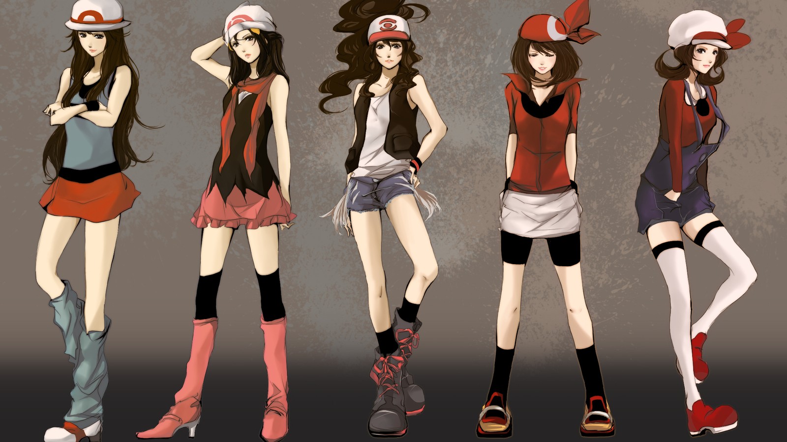 Five anime girls in Pokémon trainer outfits HD Wallpaper