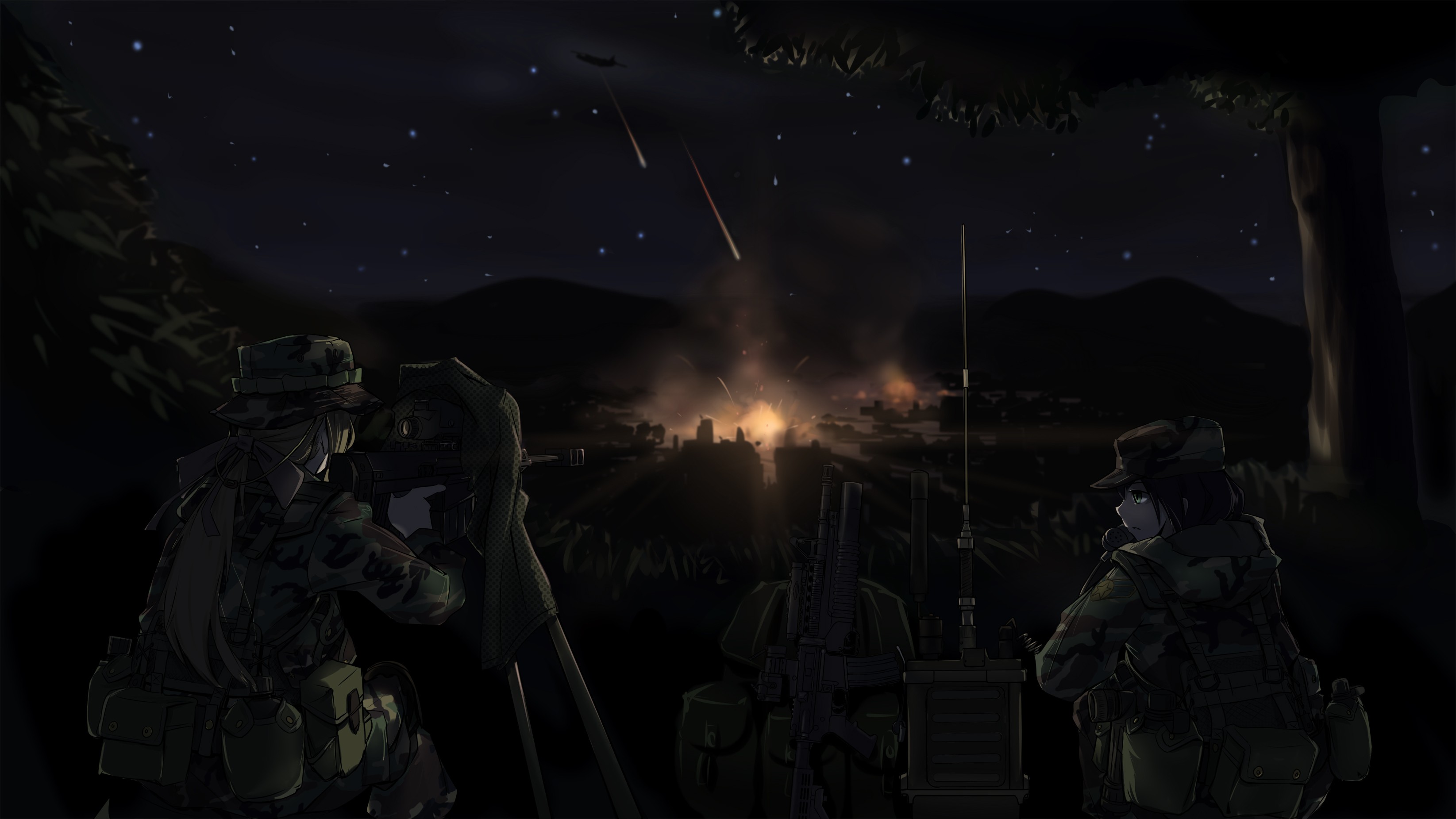 Anime girls in military gear observing a night battle HD Wallpaper