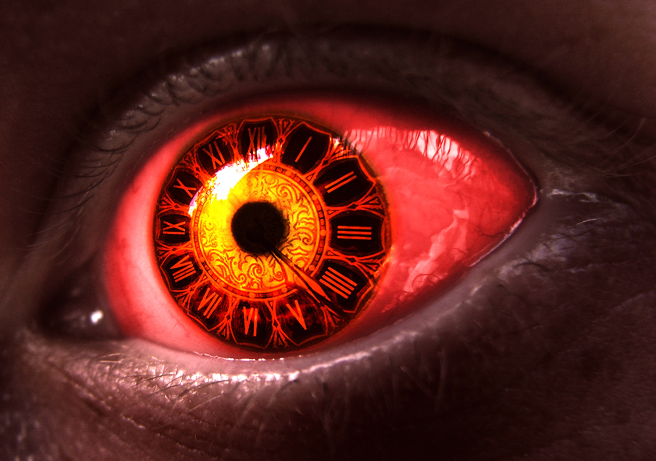 Close-up of an eye with a clock iris HD Wallpaper