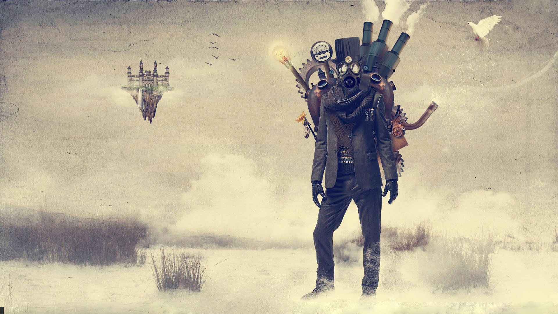Steampunk figure with gas mask and floating castle HD Wallpaper