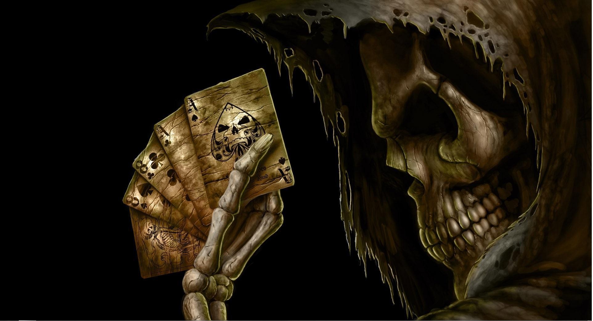 Grim Reaper holding playing cards with skull HD Wallpaper
