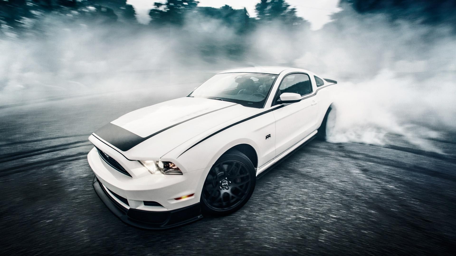 White Ford Mustang Drifting in Smoke HD Wallpaper