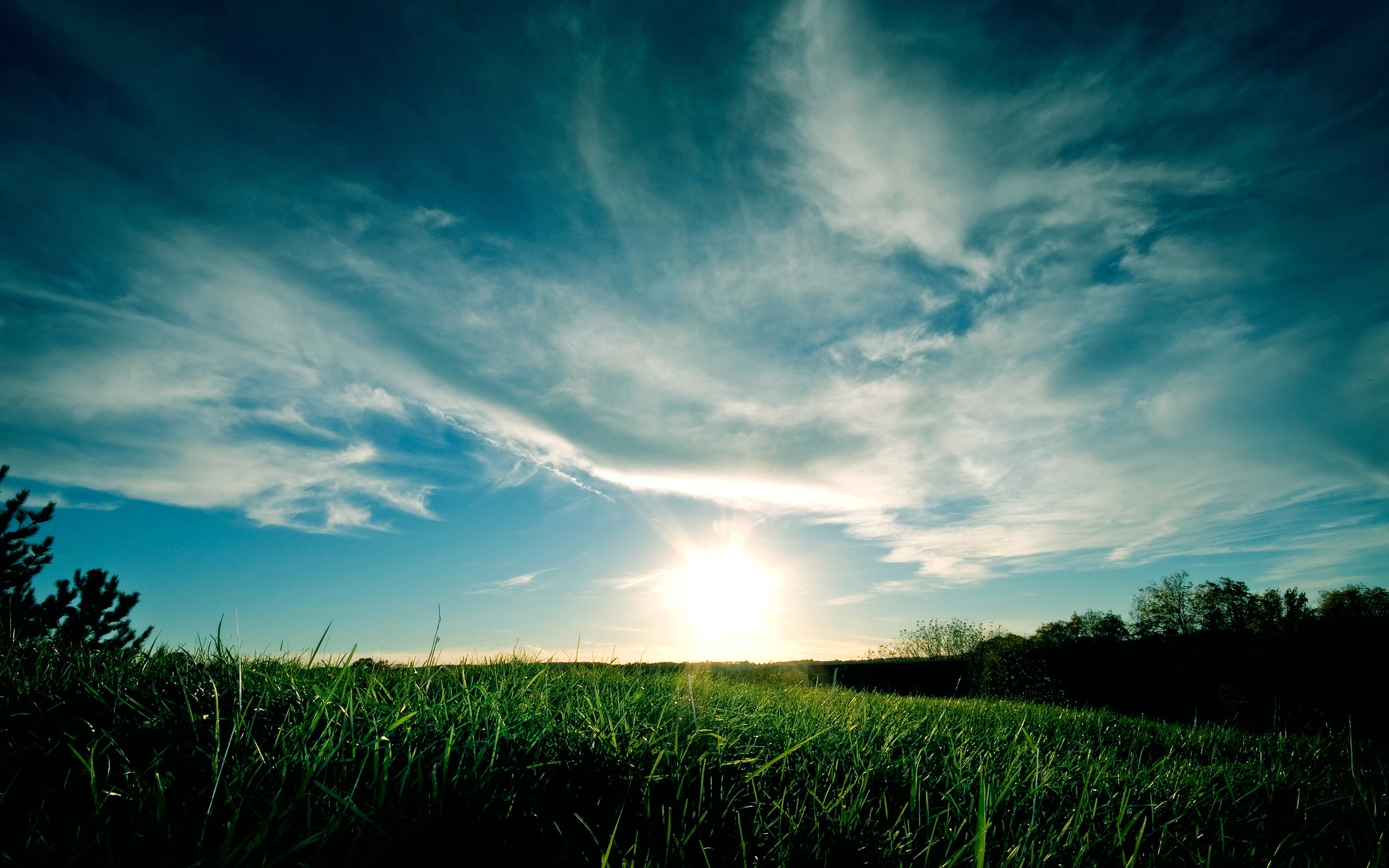 Sunlight shining through clouds over a grassy field HD Wallpaper