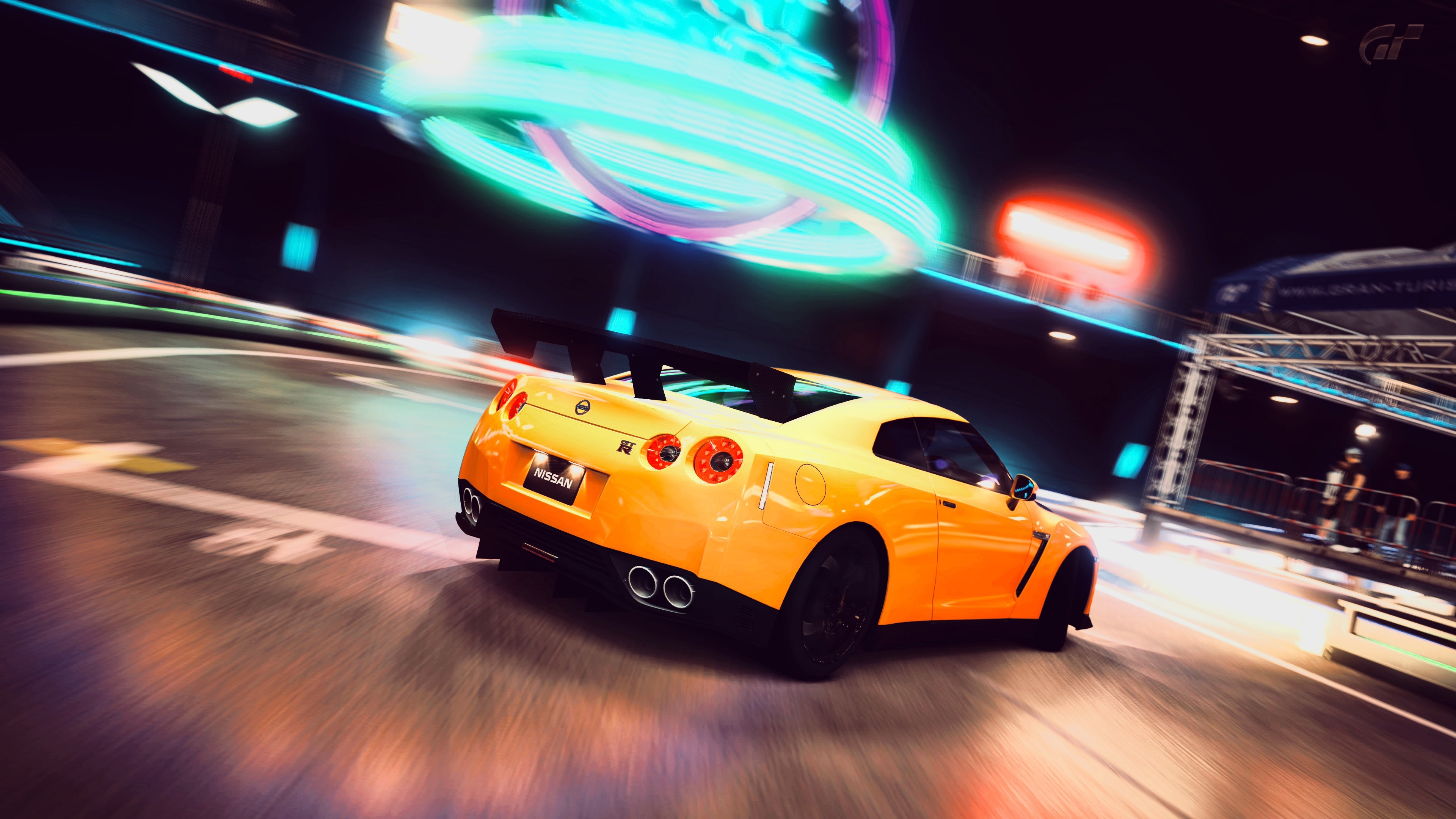 Yellow Nissan GTR racing at night HD Wallpaper