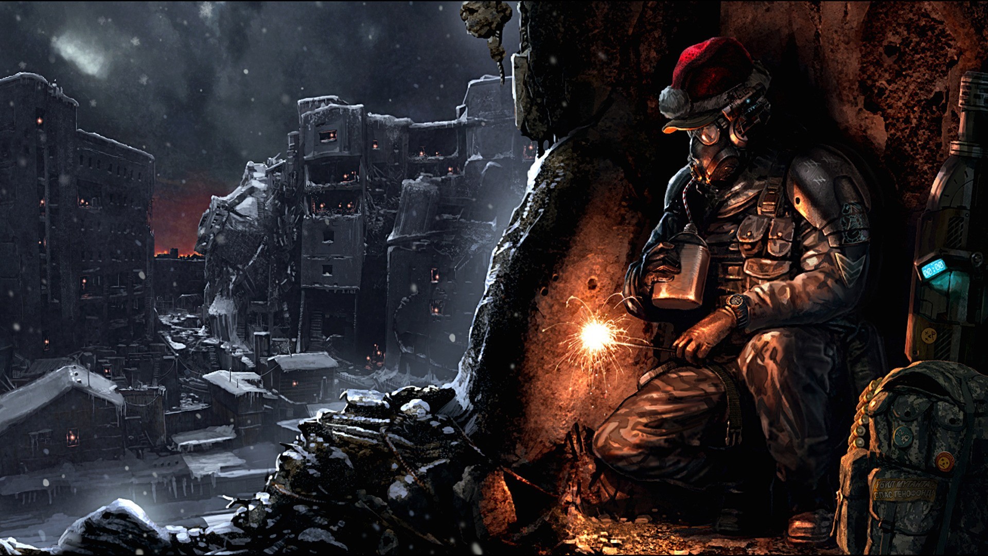 Apocalyptic soldier with Christmas hat welding in snow HD Wallpaper