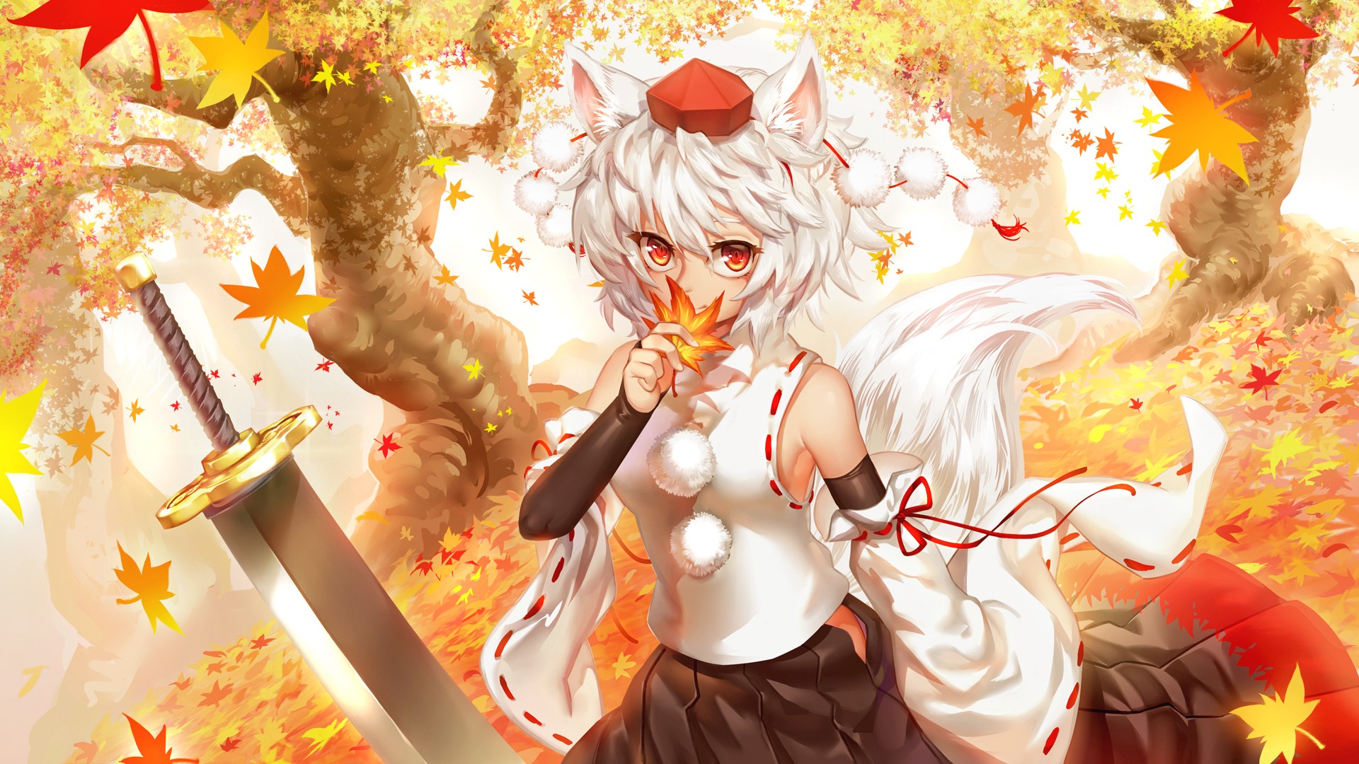 Inubashiri Momiji with a sword in autumn HD Wallpaper