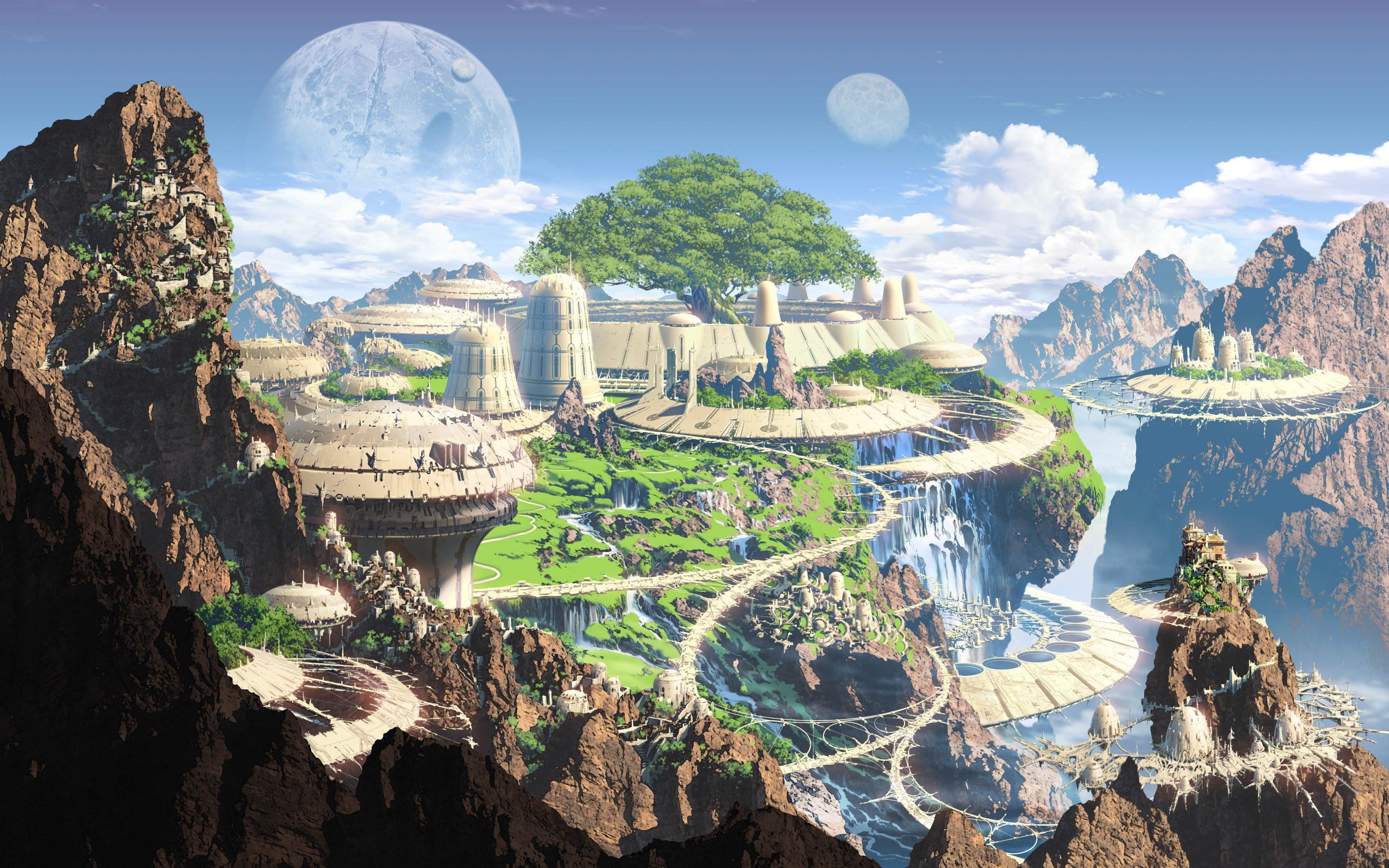 Futuristic city on mountains with moons in the sky HD Wallpaper