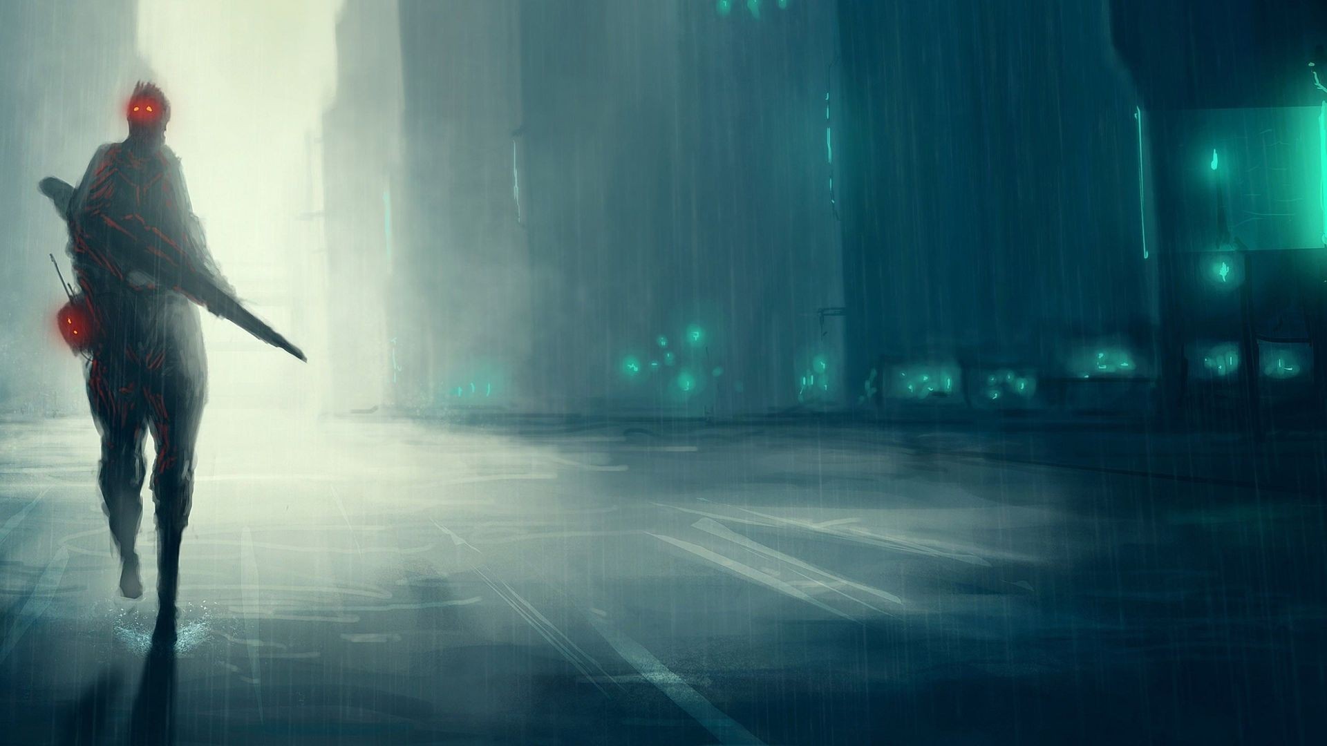 Futuristic soldier with glowing eyes in a rainy city HD Wallpaper