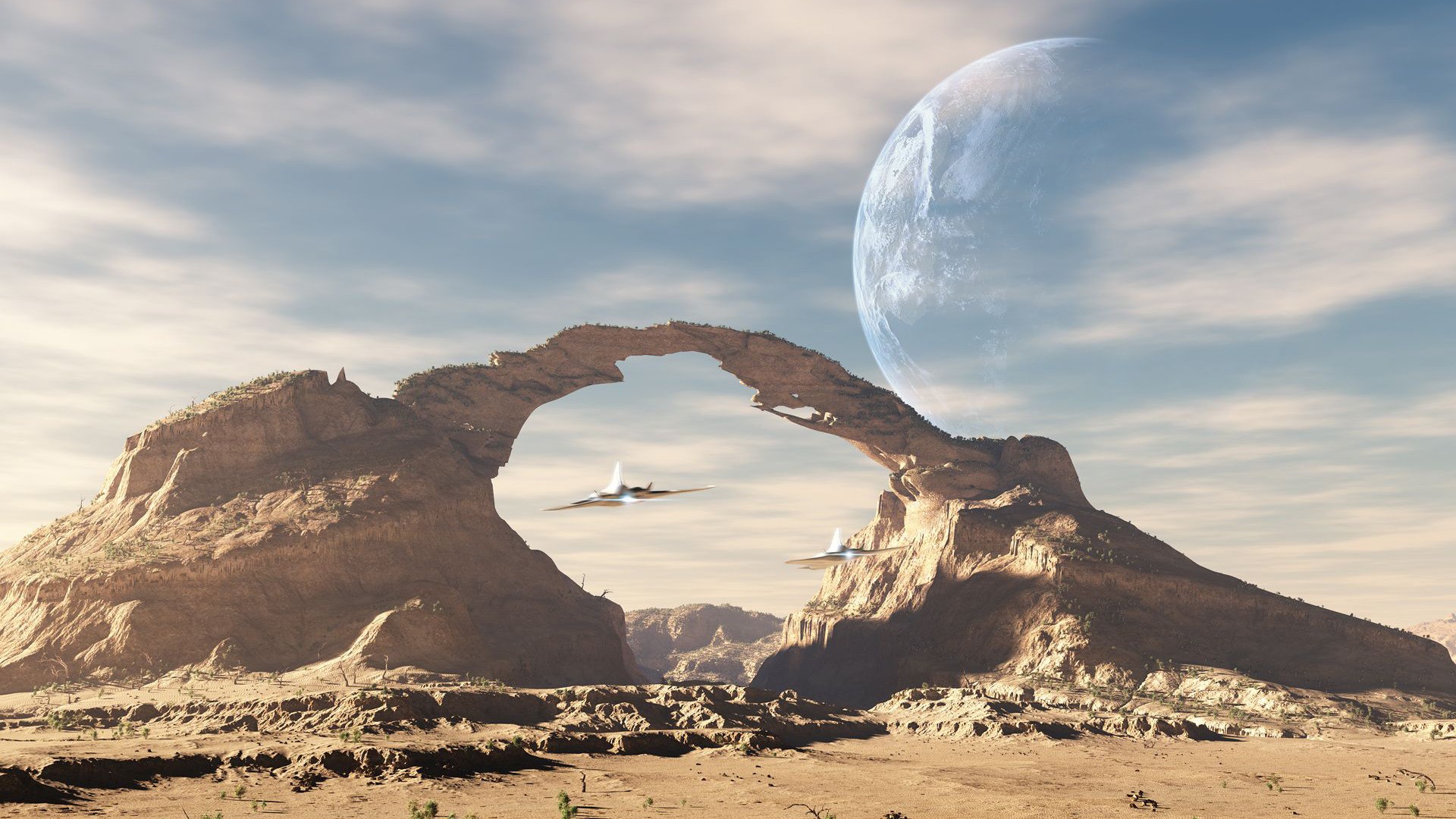 Spaceships fly through a natural arch on an alien planet HD Wallpaper