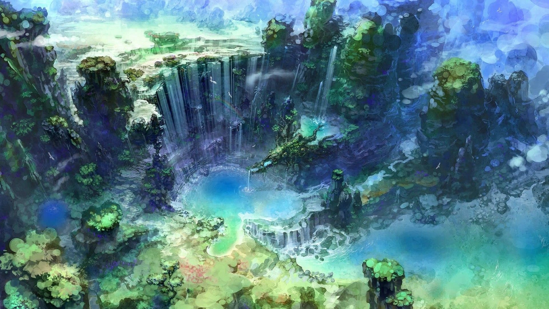 Fantasy art of a vibrant waterfall landscape HD Wallpaper