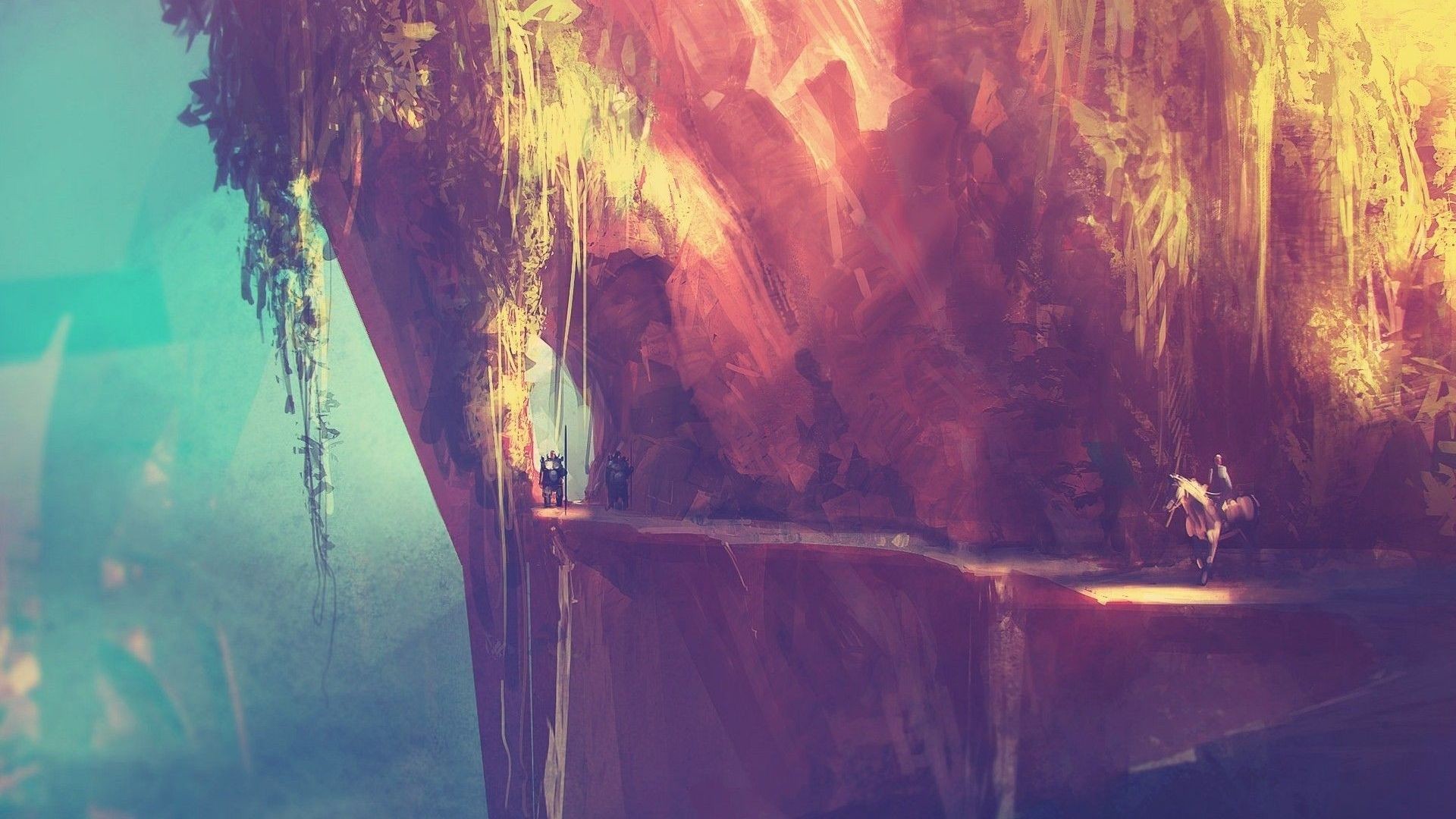Fantasy art of warriors on a cliffside path HD Wallpaper