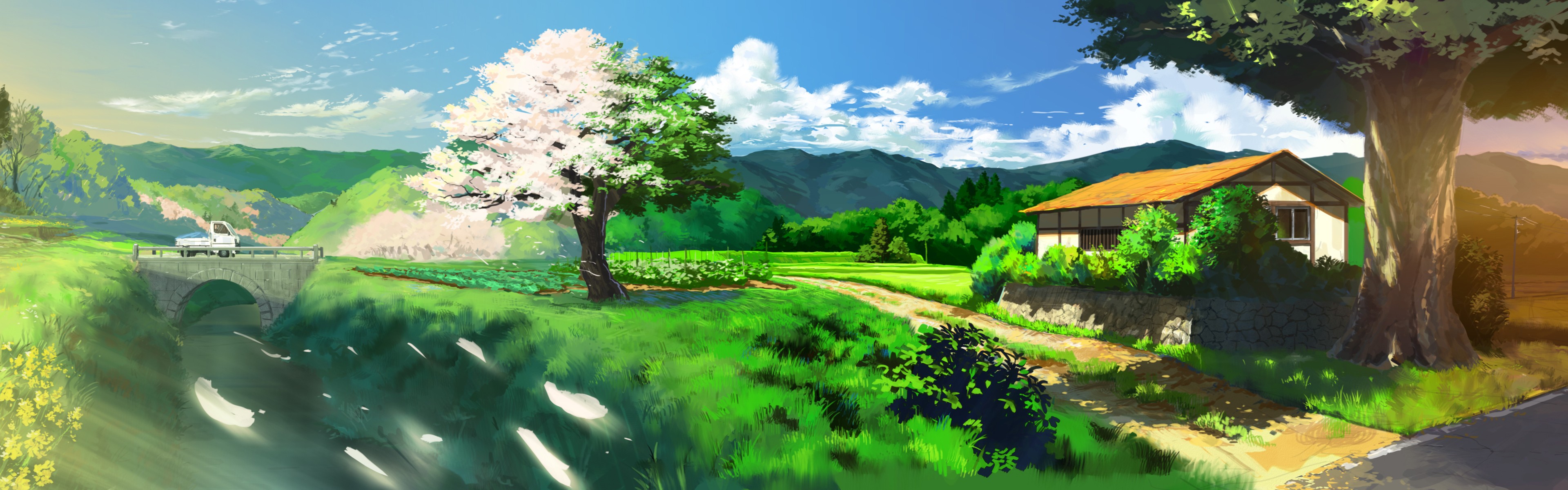 Anime artwork of a rural landscape with a house and cherry blossom tree HD Wallpaper