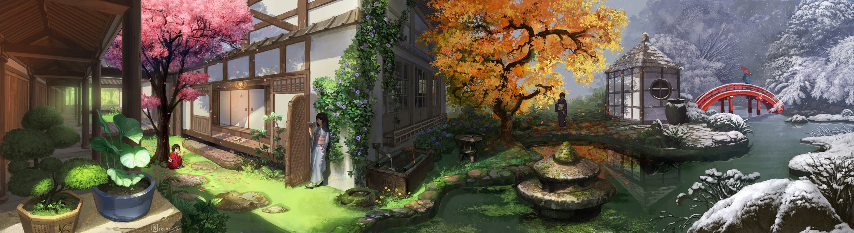 Anime garden in four seasons with Japanese architecture HD Wallpaper