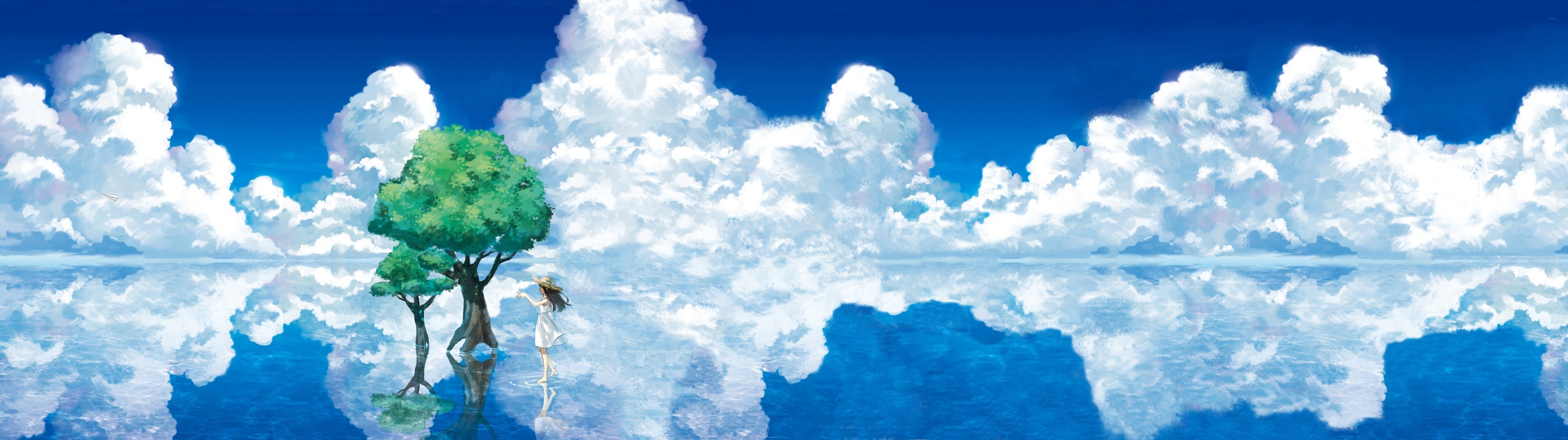 Anime girl and trees reflected in water under clouds HD Wallpaper