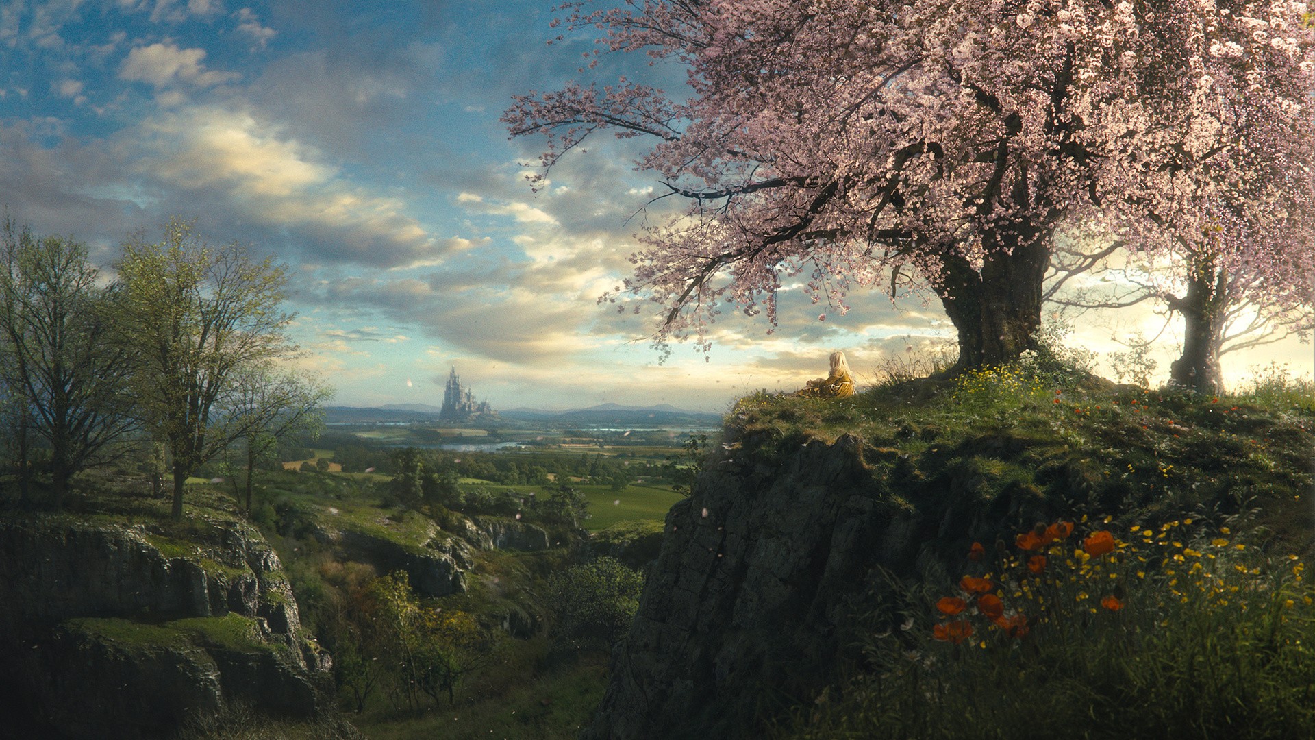 Fantasy landscape with a castle and a person under a cherry blossom tree HD Wallpaper