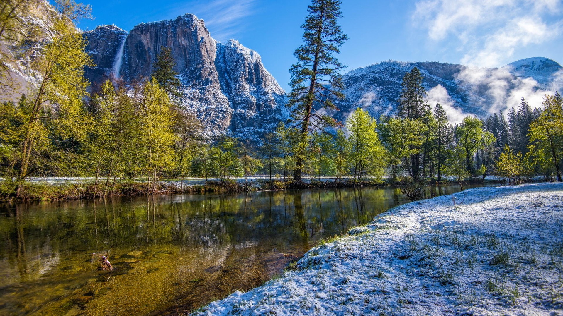 Yosemite National Park with snow and waterfall HD Wallpaper