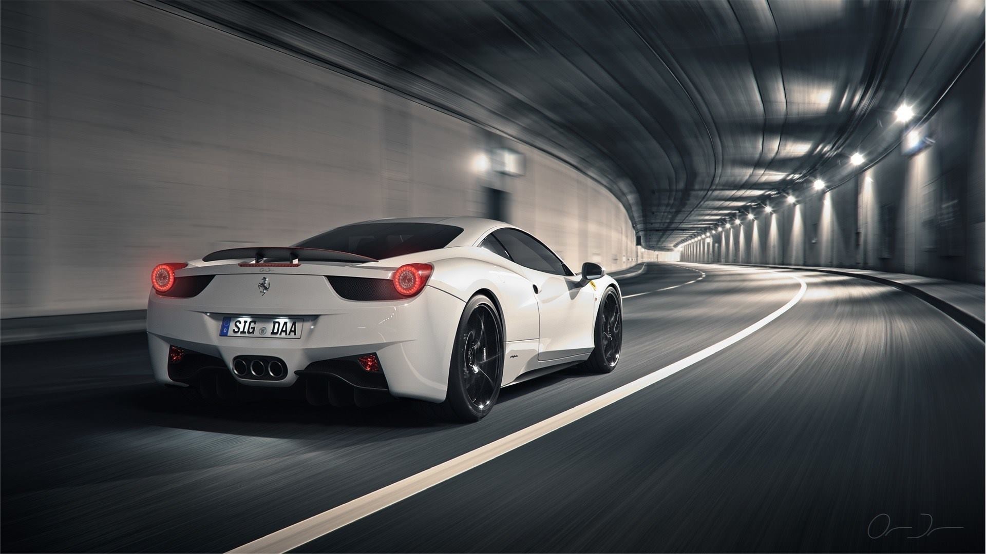 White Ferrari 458 Italia driving through a tunnel HD Wallpaper