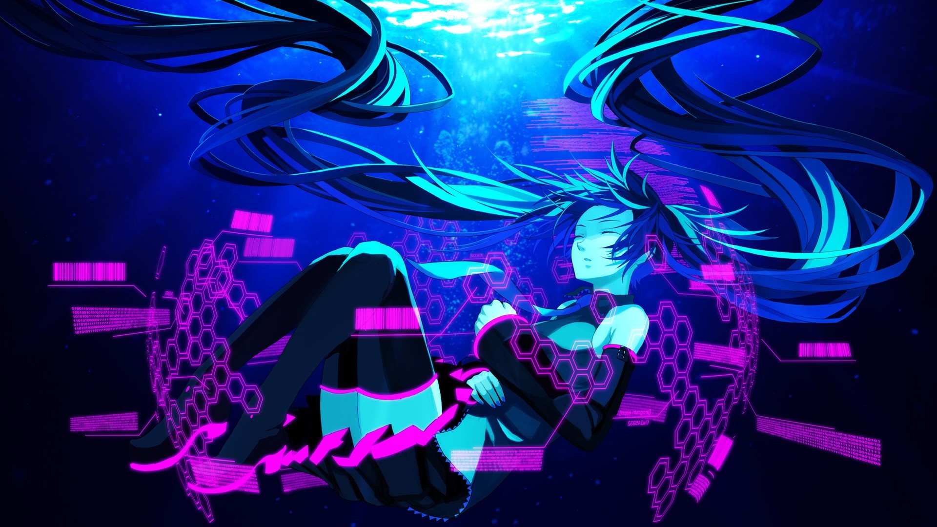 Hatsune Miku floating in a digital underwater world HD Wallpaper