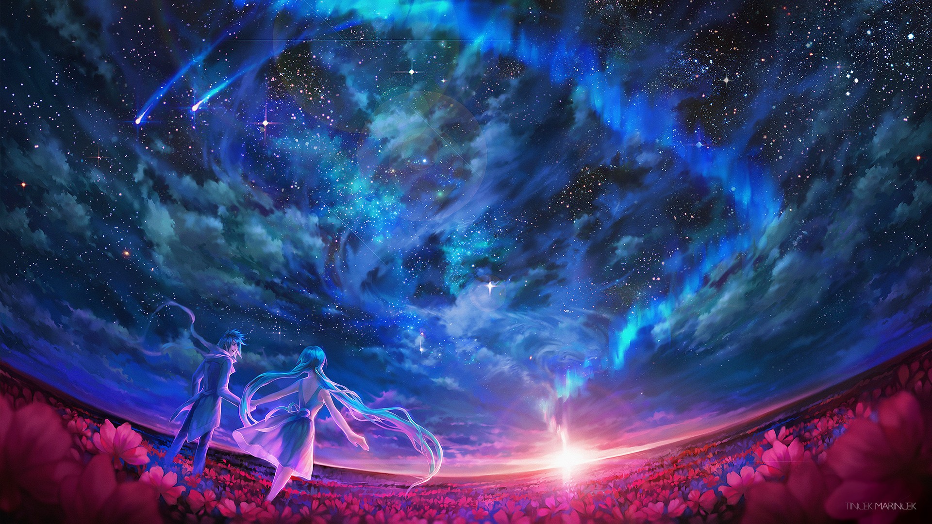Anime couple in a field of flowers under a starry sky HD Wallpaper