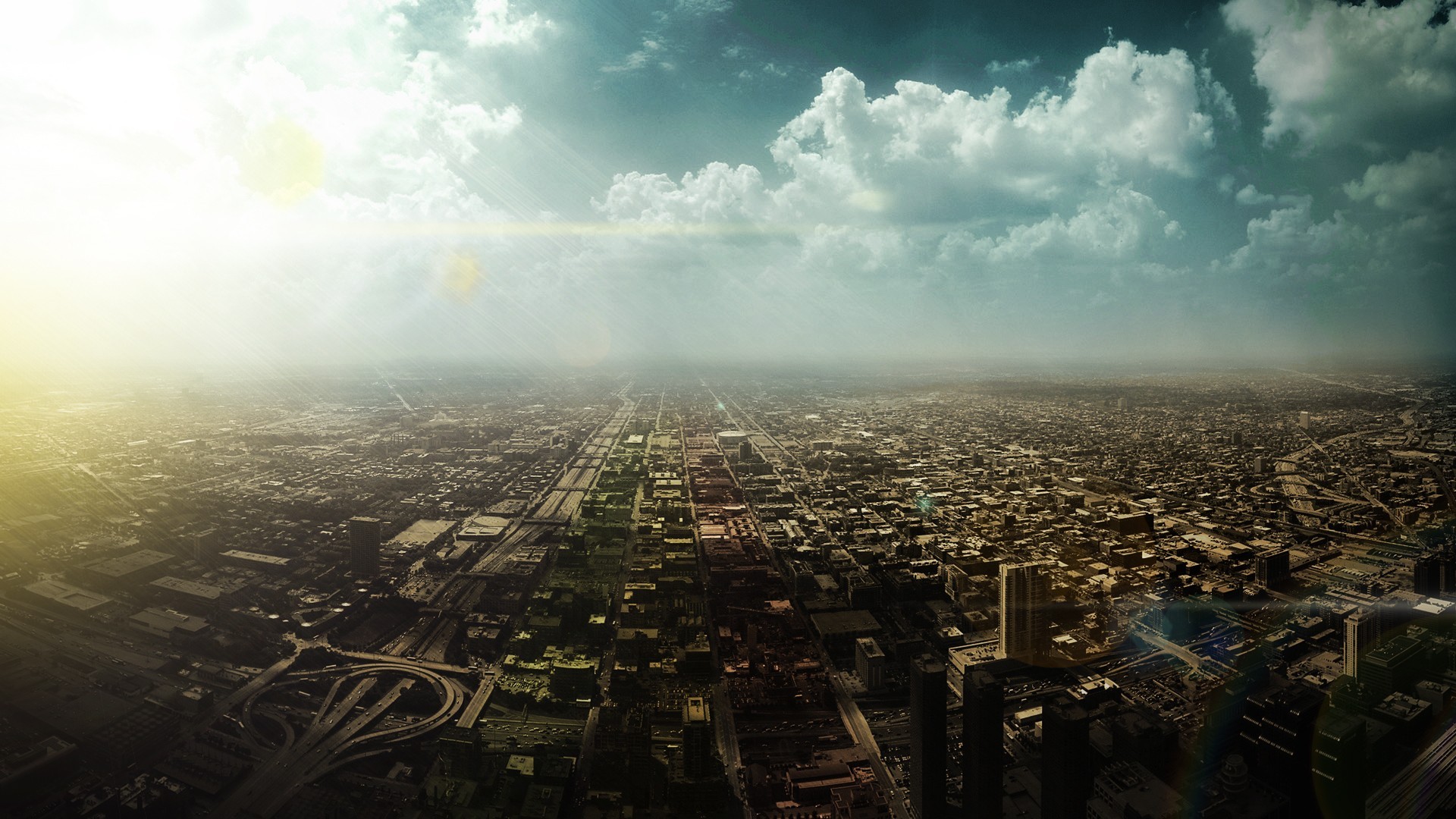 Aerial view of Chicago cityscape with sun glare HD Wallpaper