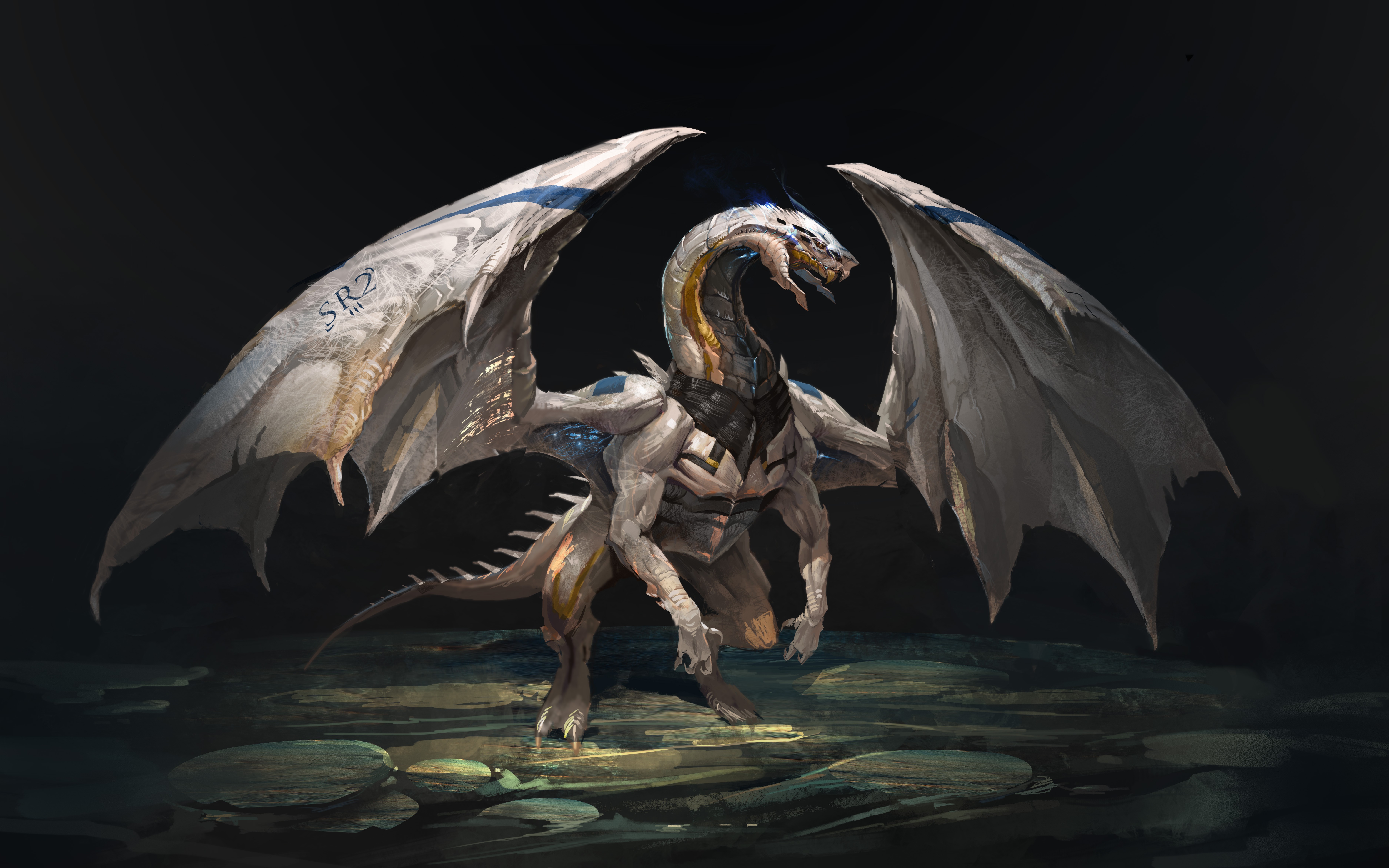 Fantasy art of a mechanical dragon HD Wallpaper