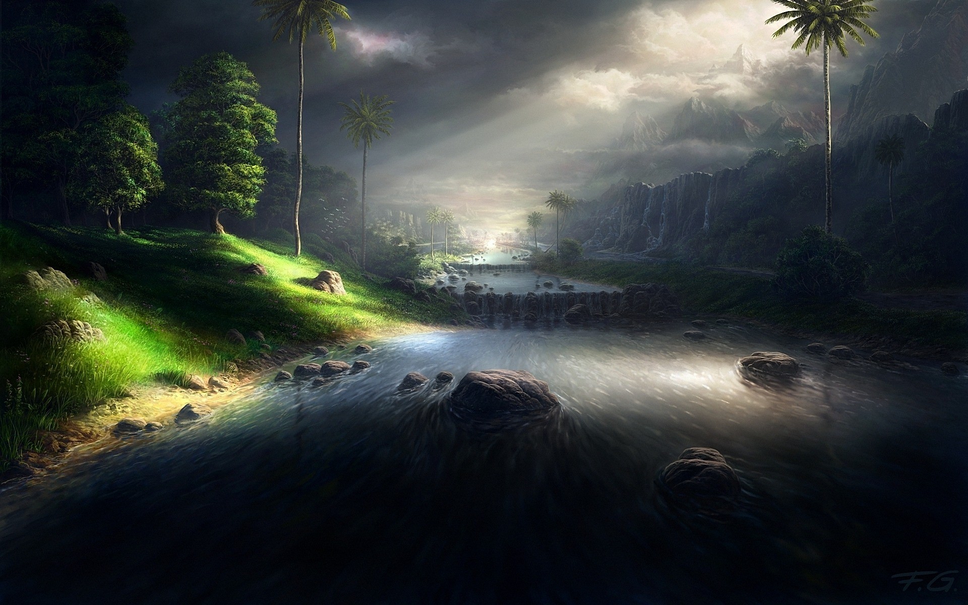 Artwork of a river flowing through a mountainous landscape with trees HD Wallpaper
