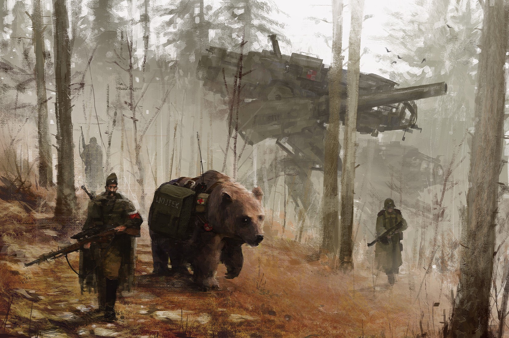 Wojtek the bear and soldiers in a misty forest HD Wallpaper