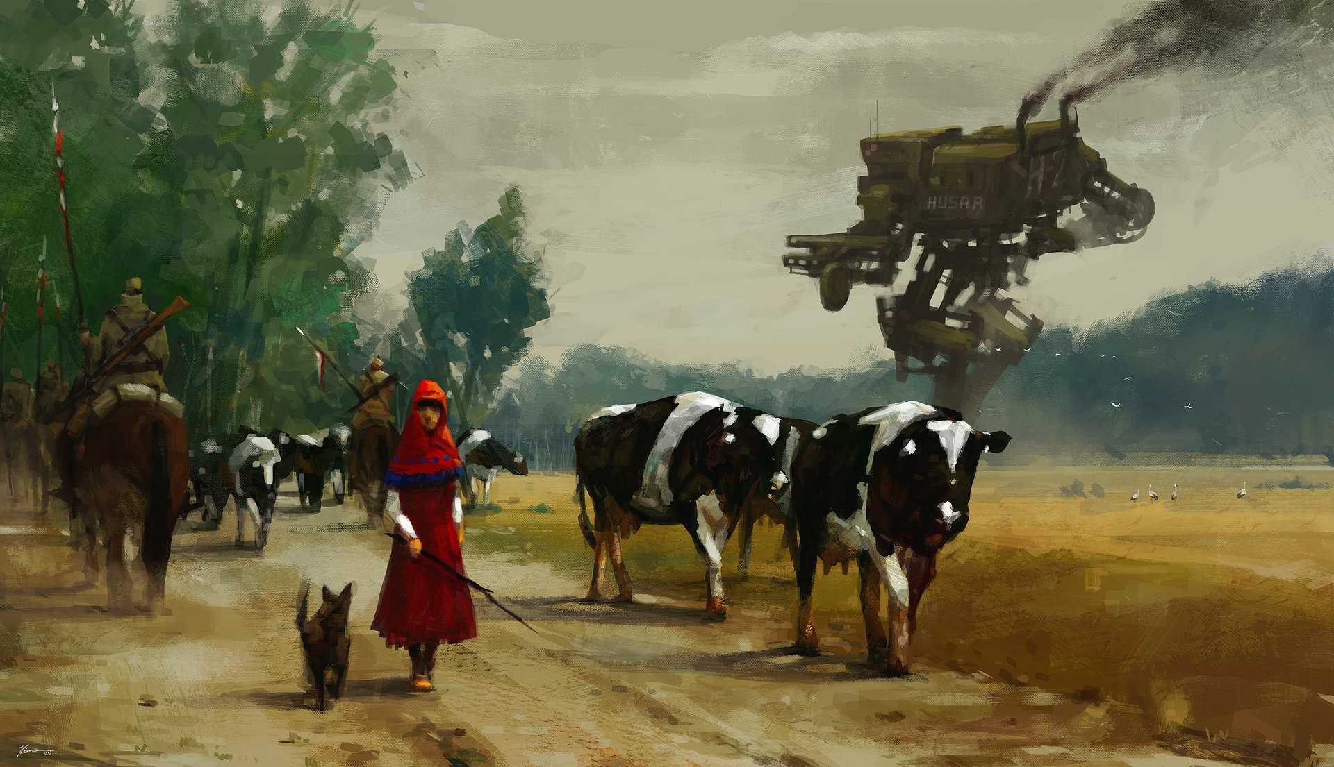 Jakub Różalski's Painting of a Mechanical Walker and Cows HD Wallpaper