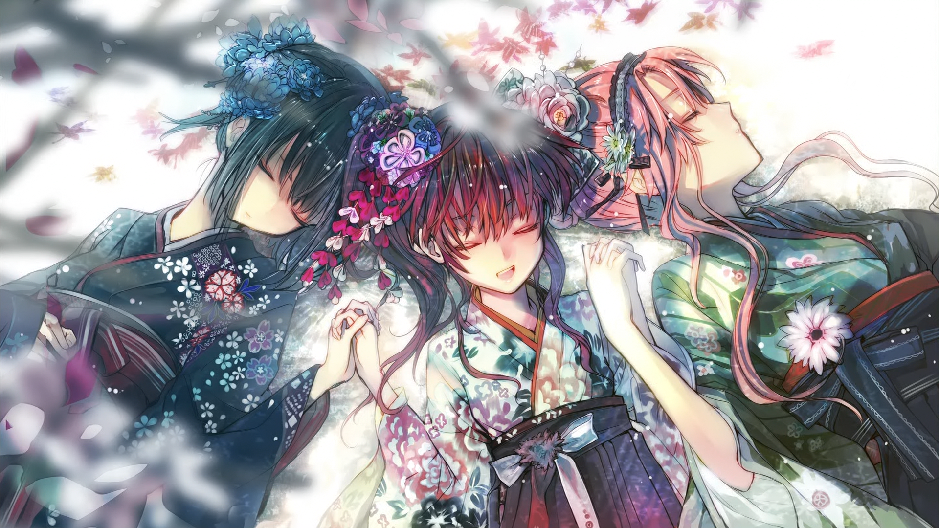 Three anime girls in kimonos sleeping HD Wallpaper