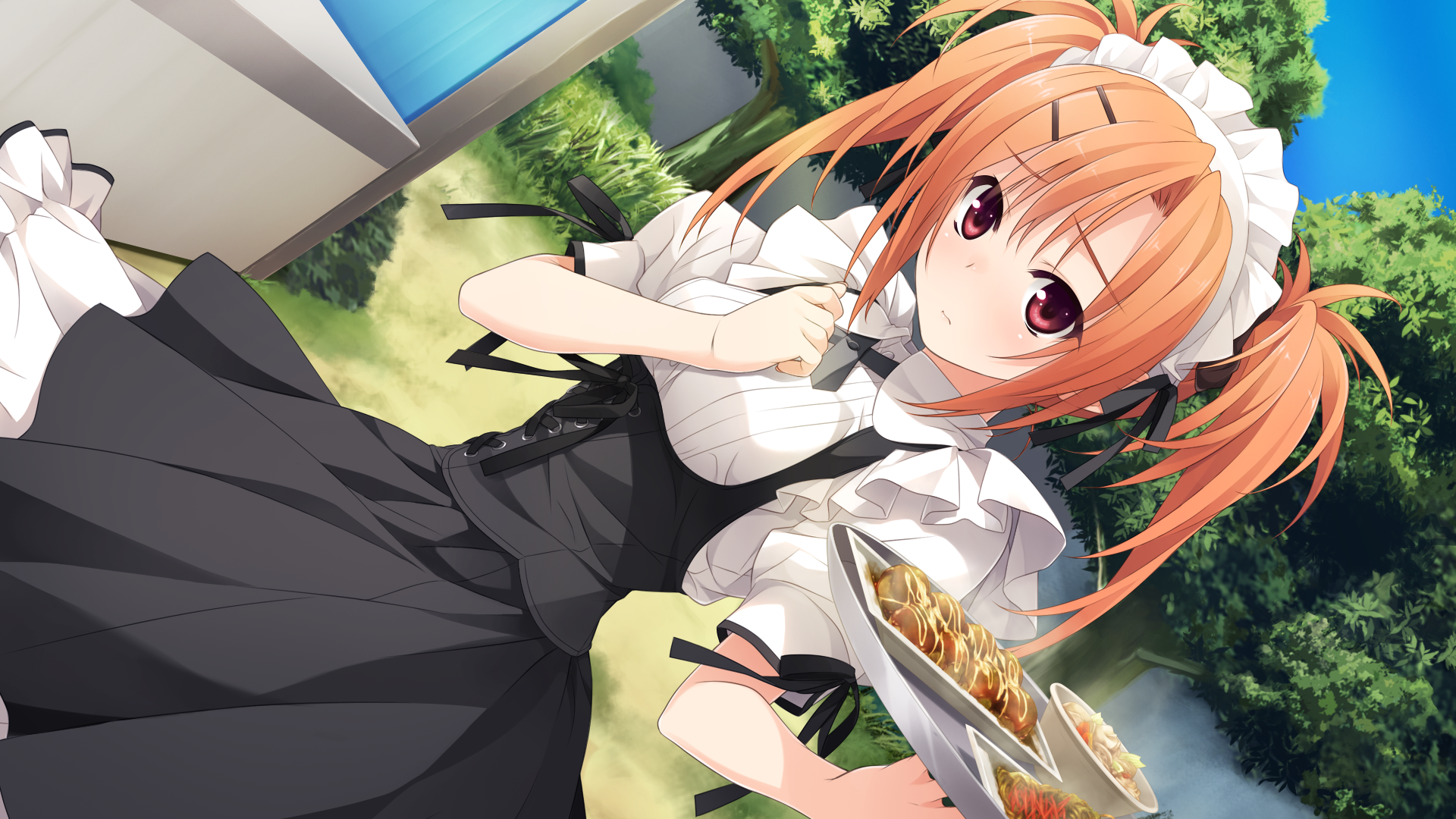 Sumeragi Ayaka in a maid outfit holding food HD Wallpaper