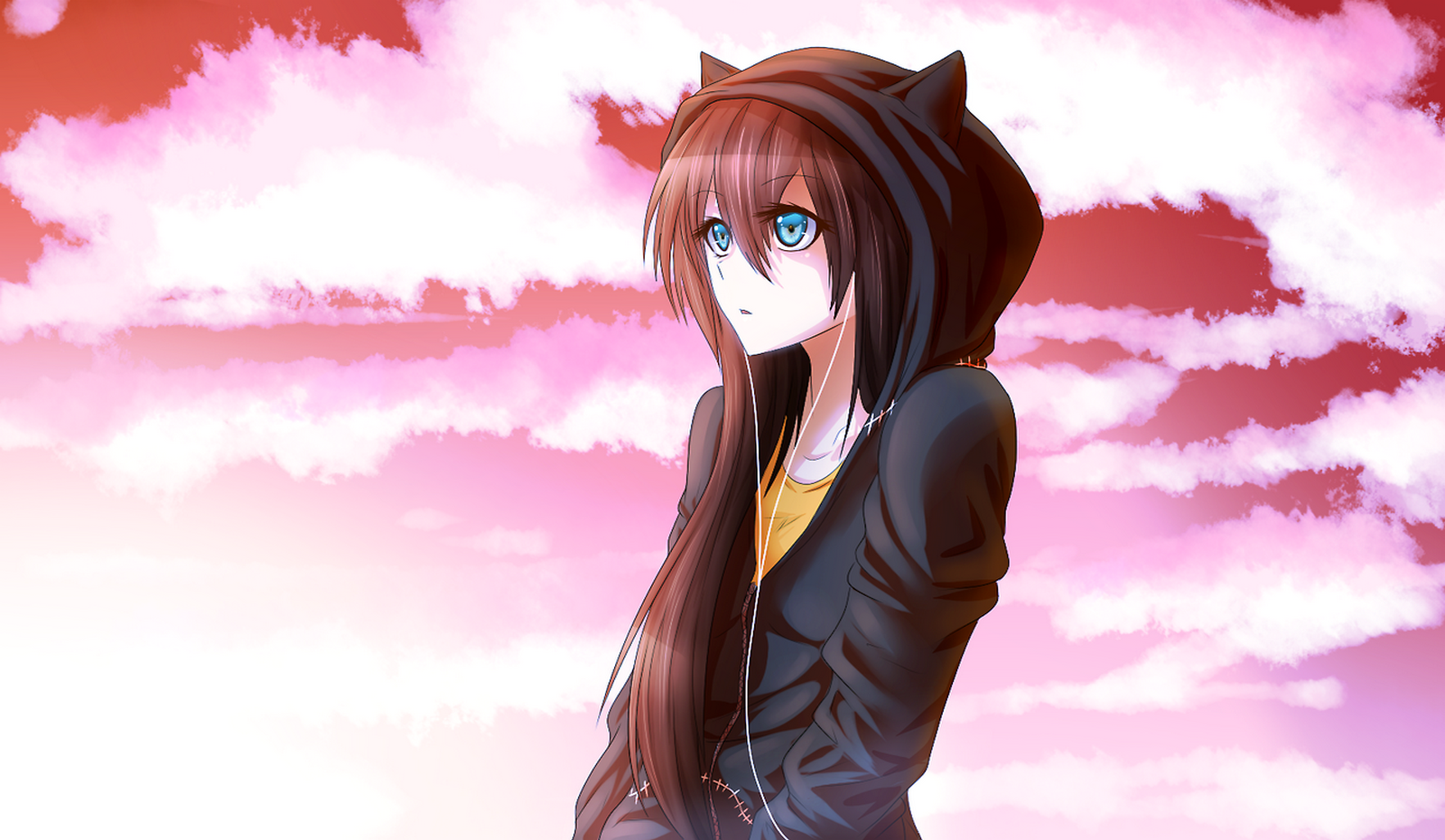 Anime girl with cat ears hoodie listening to music HD Wallpaper