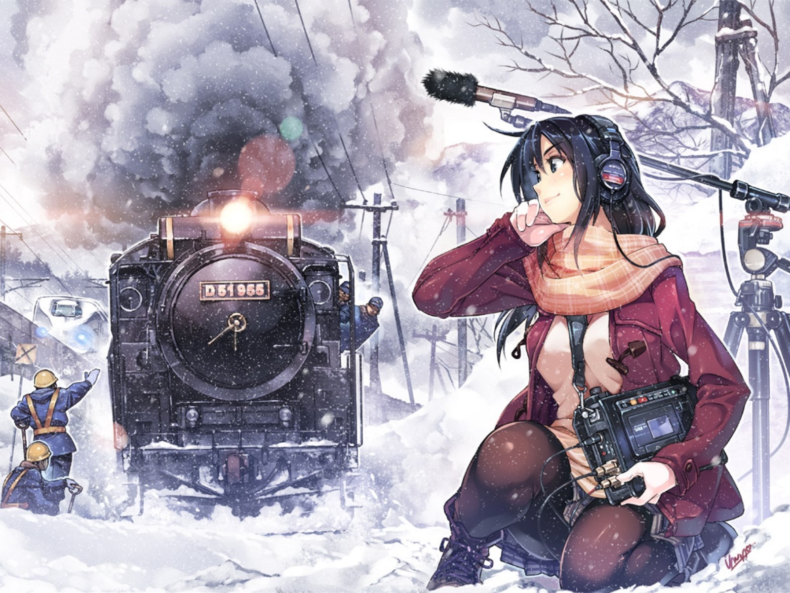 Anime girl recording a steam train in the snow HD Wallpaper