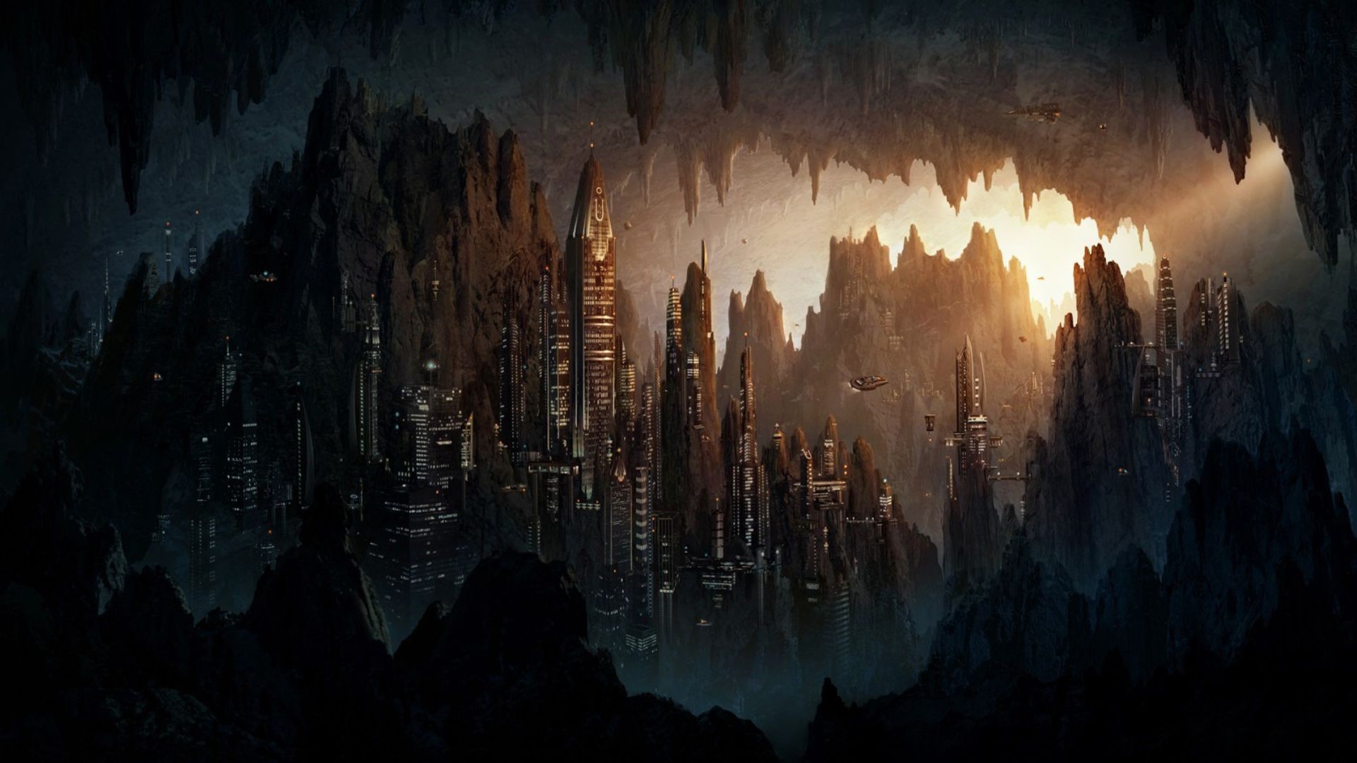 Futuristic city built within a dark cave system HD Wallpaper