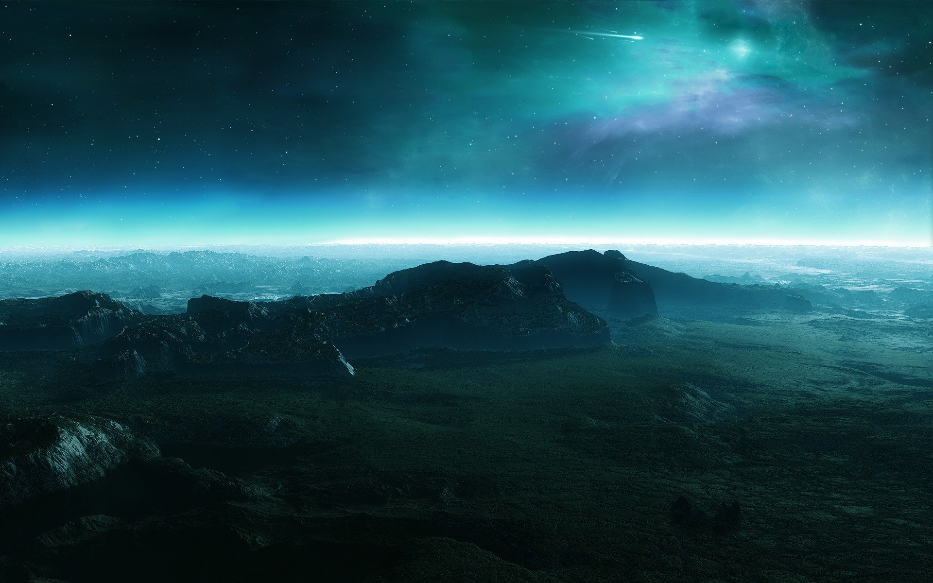 Alien landscape with mountains and aurorae HD Wallpaper