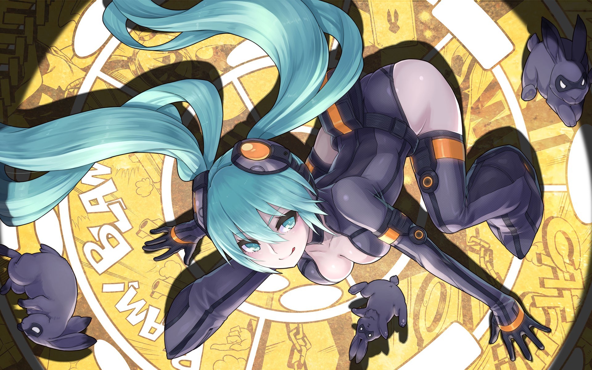 Hatsune Miku in a black and orange suit with rabbits HD Wallpaper