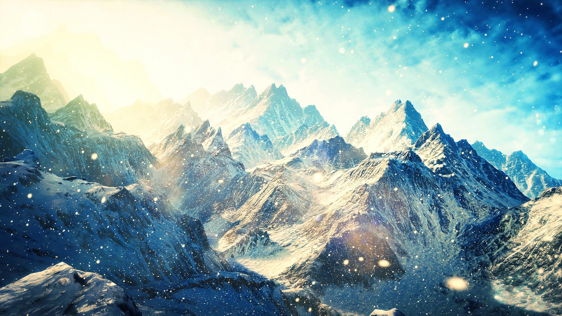 Snowy mountains under a bright sky HD Wallpaper