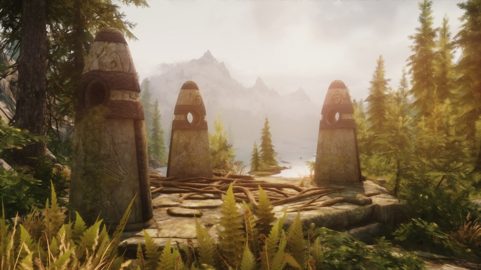 The Elder Scrolls V: Skyrim standing stones by a lake HD Wallpaper