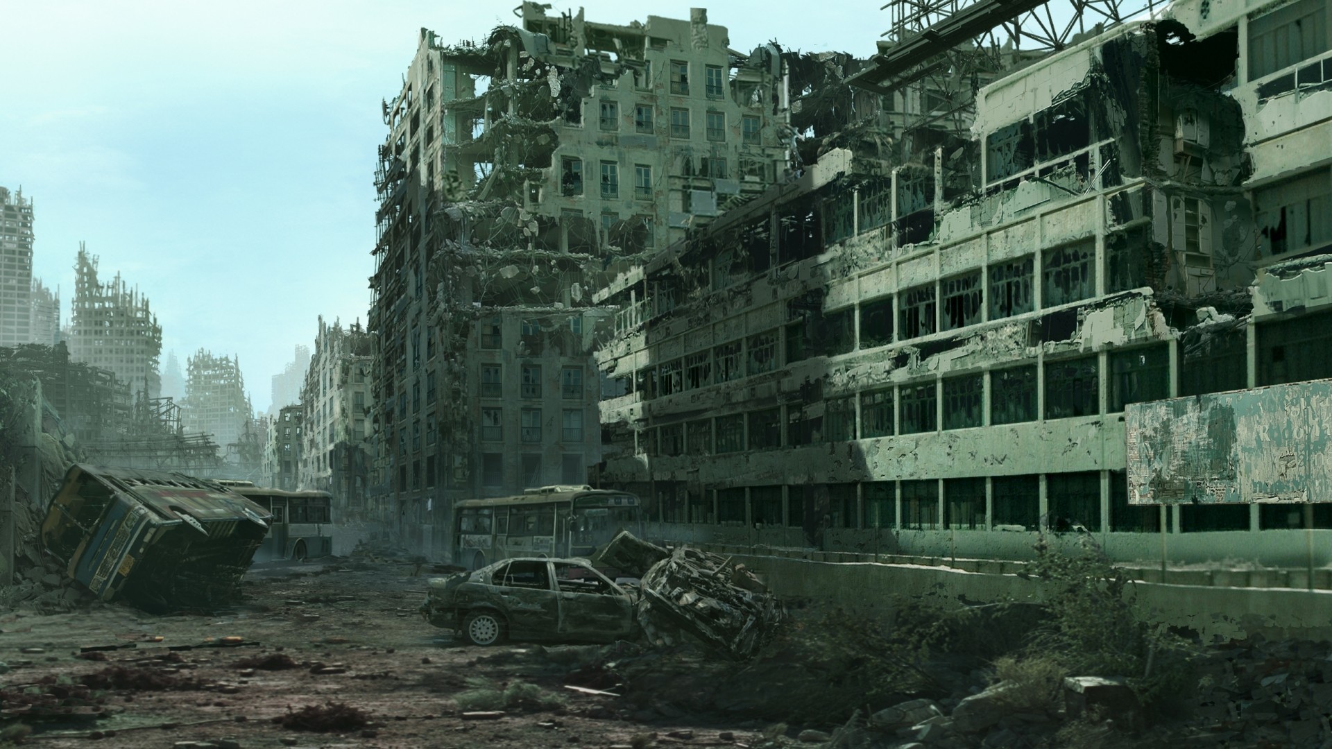 Apocalyptic cityscape with ruined buildings and vehicles HD Wallpaper