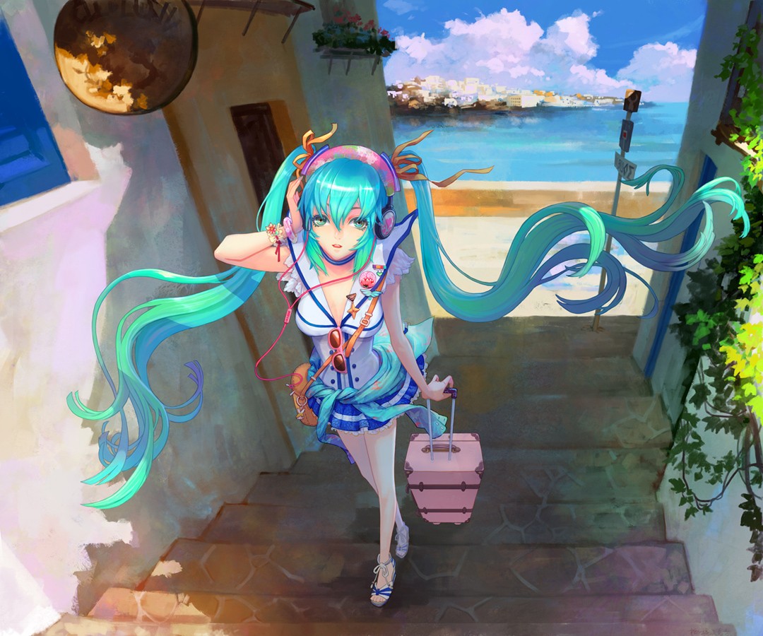 Hatsune Miku walking down stairs with luggage HD Wallpaper